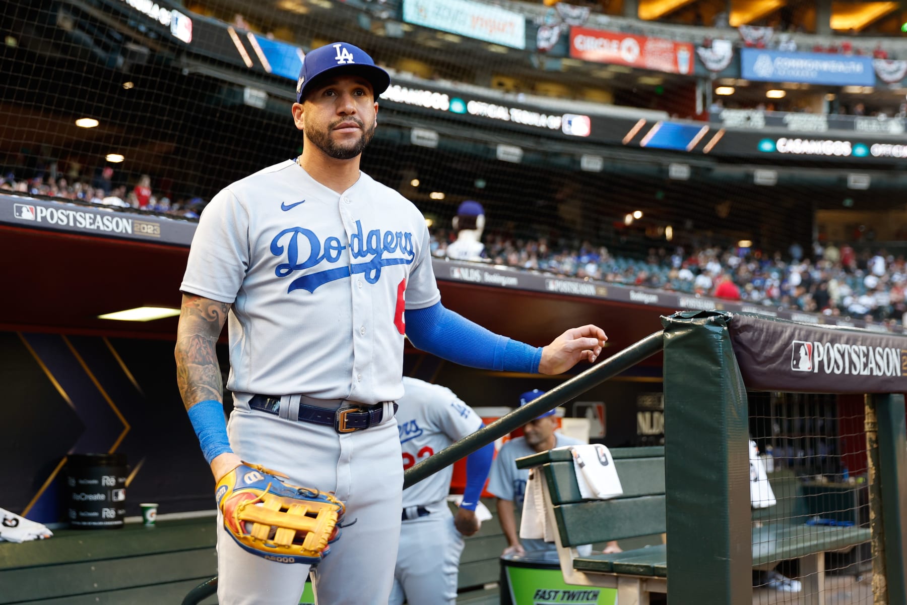 PHOENIX, AZ - OCTOBER 11:   David Peralta #6 of the Los Angeles Dodgers looks on from the dugout prior to Game 3 of the Division Series between the Los Angeles Dodgers and the Arizona Diamondbacks at Chase Field on Wednesday, October 11, 2023 in Phoenix, Arizona. (Photo by Chris Coduto/MLB Photos via Getty Images)