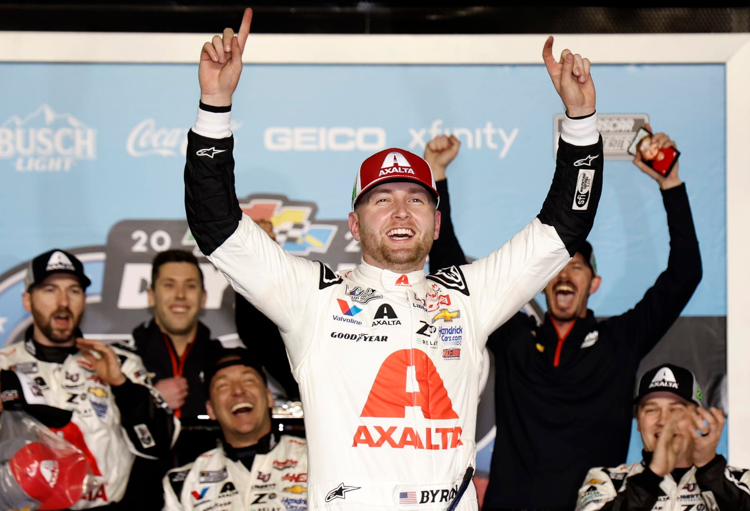 DAYTONA BEACH, FLORIDA - FEBRUARY 19: William Byron, driver of the #24 Axalta Chevrolet, celebrates in victory lane after winning the NASCAR Cup Series Daytona 500 at Daytona International Speedway on February 19, 2024 in Daytona Beach, Florida. (Photo by Chris Graythen/Getty Images)