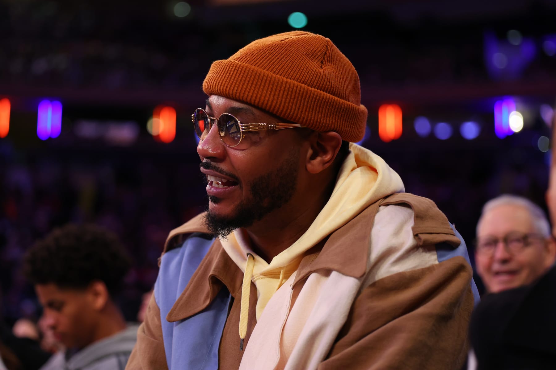 NEW YORK, NEW YORK - DECEMBER 25: Former New York Knick Carmelo Anthony during the third quarter of the game at Madison Square Garden on December 25, 2023 in New York City.  NOTE TO USER: User expressly acknowledges and agrees that, by downloading and or using this photograph, User is consenting to the terms and conditions of the Getty Images License Agreement. (Photo by Rich Graessle/Getty Images)
