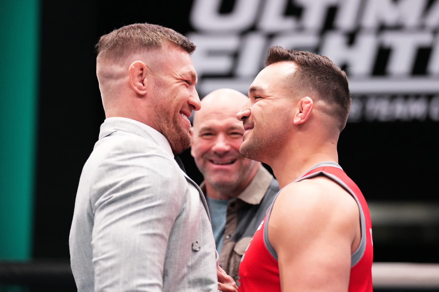 LAS VEGAS, NEVADA - MARCH 13:   (L-R) Conor McGregor and Michael Chandler face off during the filming of The Ultimate Fighter at UFC APEX on March 13, 2023 in Las Vegas, Nevada. (Photo by Chris Unger/Zuffa LLC via Getty Images)