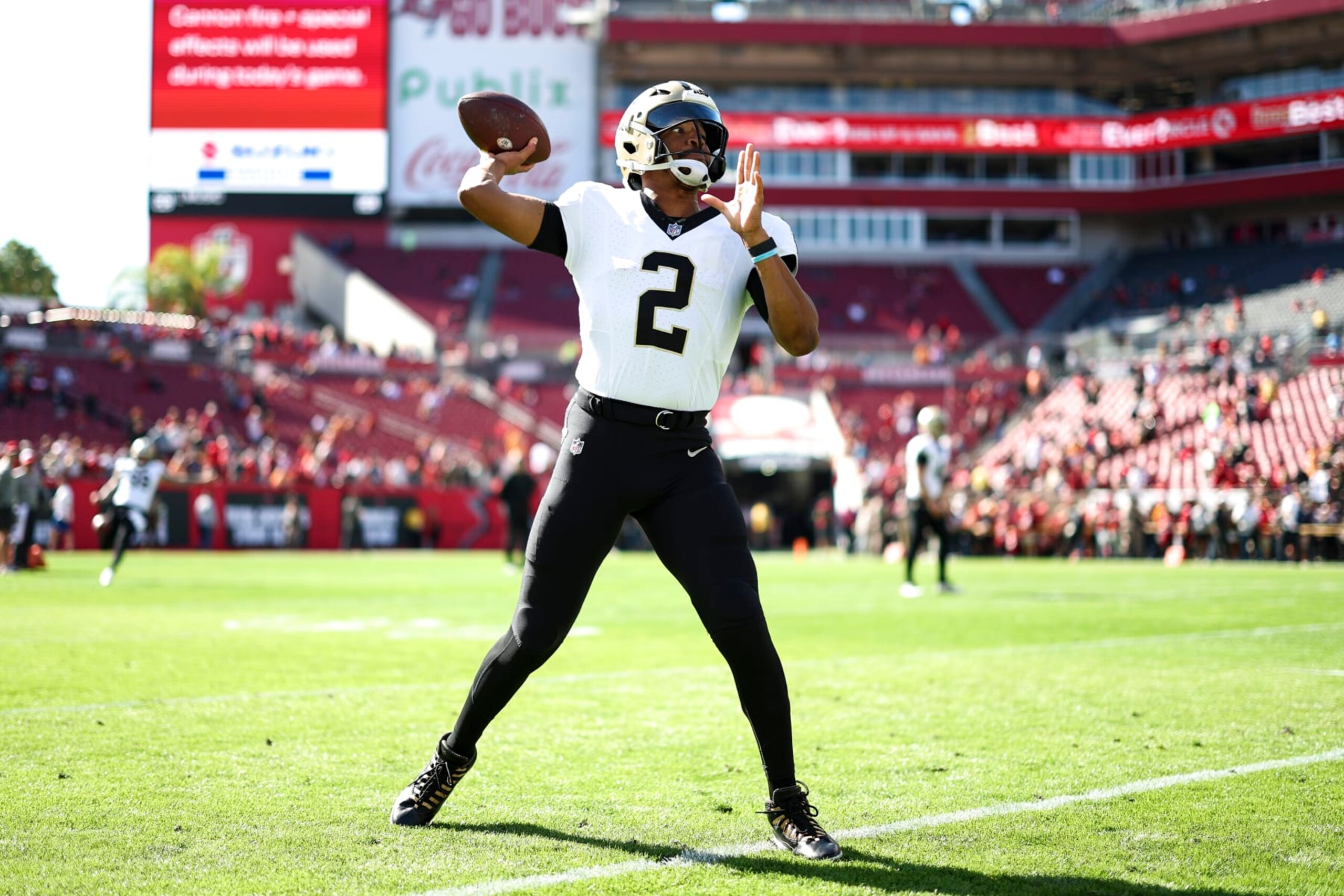 TAMPA, FL - DECEMBER 31: Jameis Winston #2 of the New Orleans Saints warms up prior to an NFL football game against the Tampa Bay Buccaneers at Raymond James Stadium on December 31, 2023 in Tampa, Florida. (Photo by Kevin Sabitus/Getty Images)