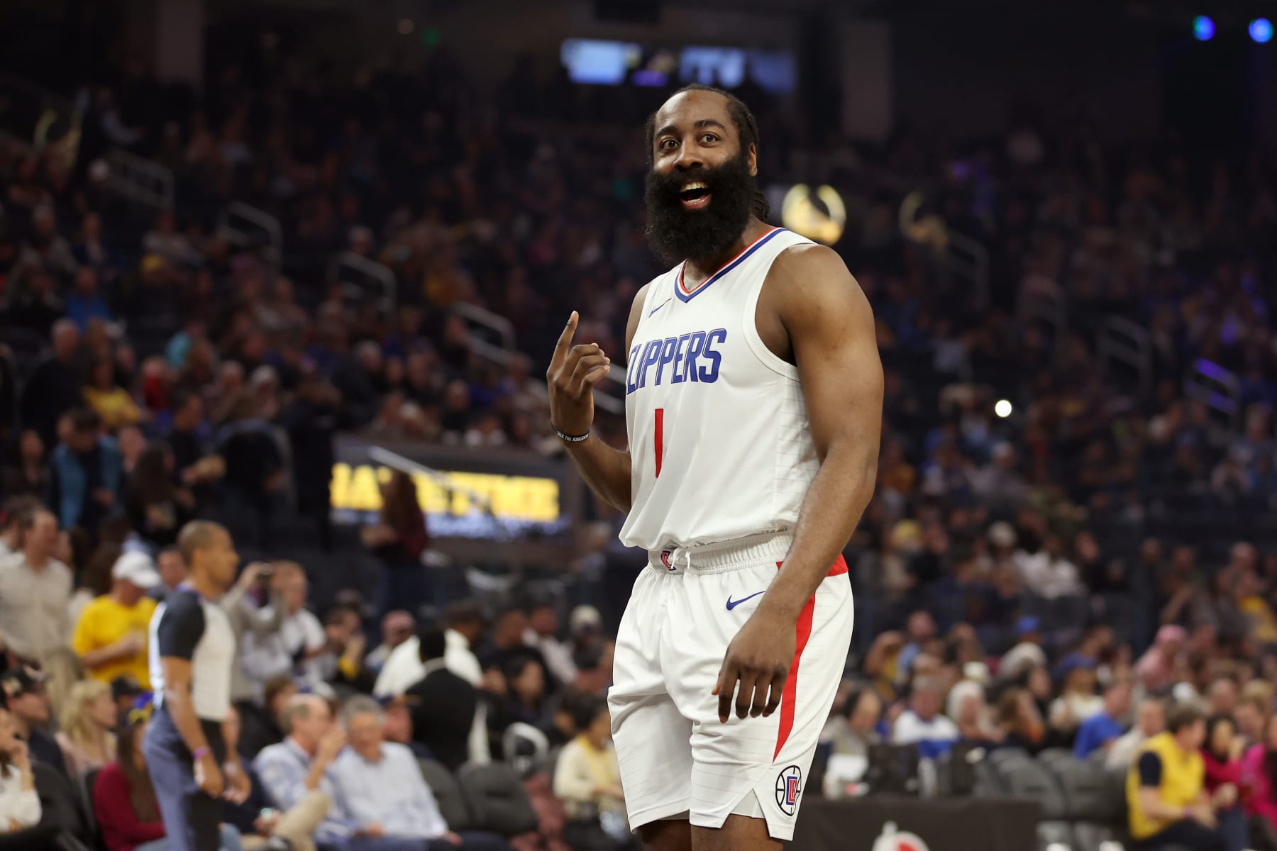 SAN FRANCISCO, CALIFORNIA - FEBRUARY 14: James Harden #1 of the LA Clippers stands on the court during their game against the Golden State Warriors at Chase Center on February 14, 2024 in San Francisco, California. NOTE TO USER: User expressly acknowledges and agrees that, by downloading and or using this photograph, User is consenting to the terms and conditions of the Getty Images License Agreement.  (Photo by Ezra Shaw/Getty Images)
