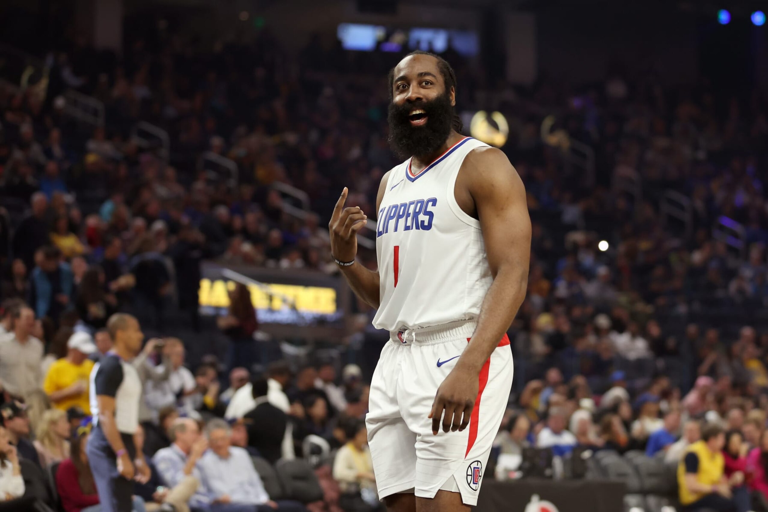 SAN FRANCISCO, CALIFORNIA - FEBRUARY 14: James Harden #1 of the LA Clippers stands on the court during their game against the Golden State Warriors at Chase Center on February 14, 2024 in San Francisco, California. NOTE TO USER: User expressly acknowledges and agrees that, by downloading and or using this photograph, User is consenting to the terms and conditions of the Getty Images License Agreement.  (Photo by Ezra Shaw/Getty Images)
