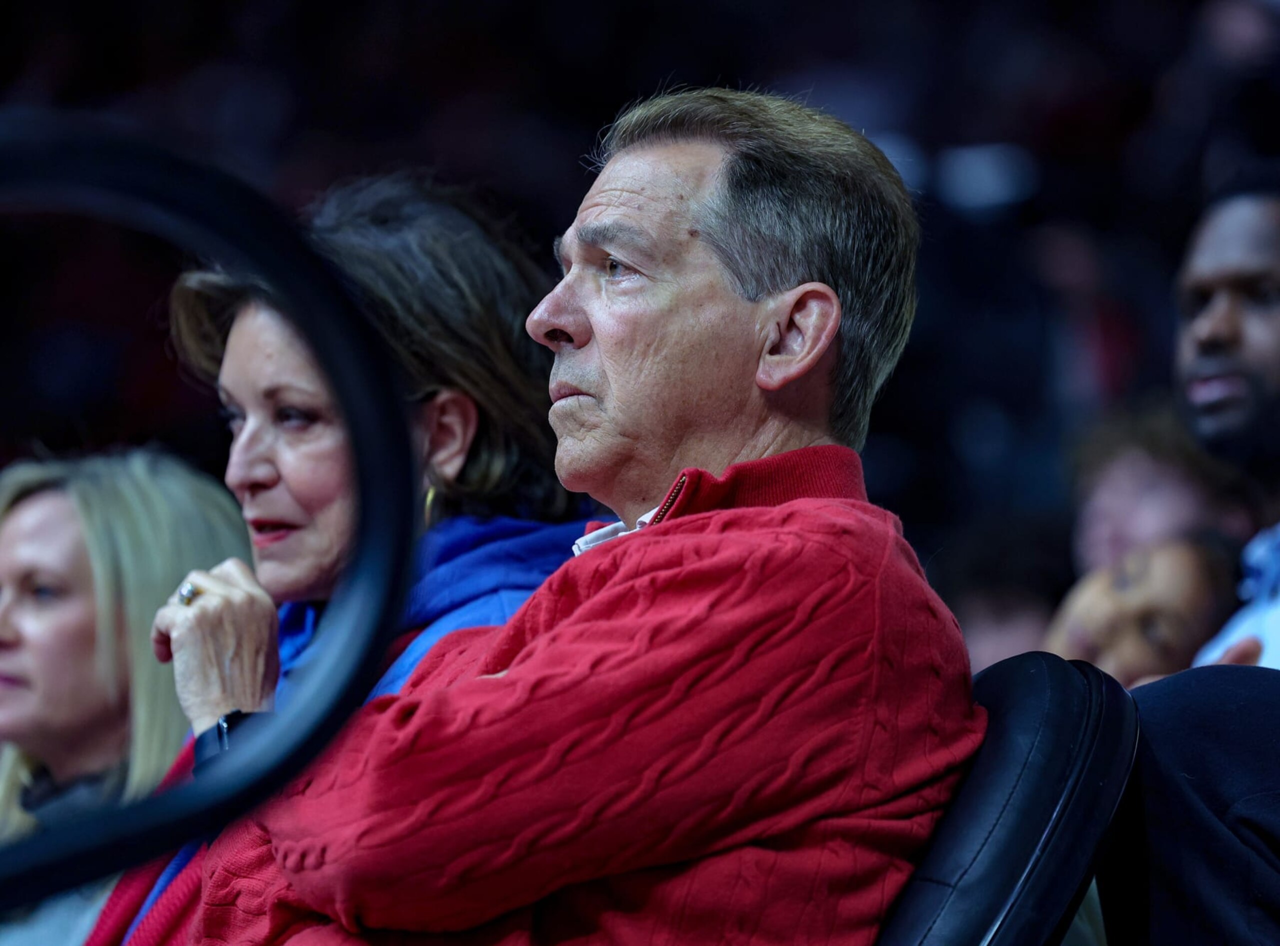TUSCALOOSA, ALABAMA - FEBRUARY 17: Former University of Alabama head football coach Nick Saban and wife Terry take in first half action between the Alabama Crimson Tide and Texas A&M Aggies at Coleman Coliseum on February 17, 2024 in Tuscaloosa, Alabama. (Photo by Brandon Sumrall/Getty Images)
