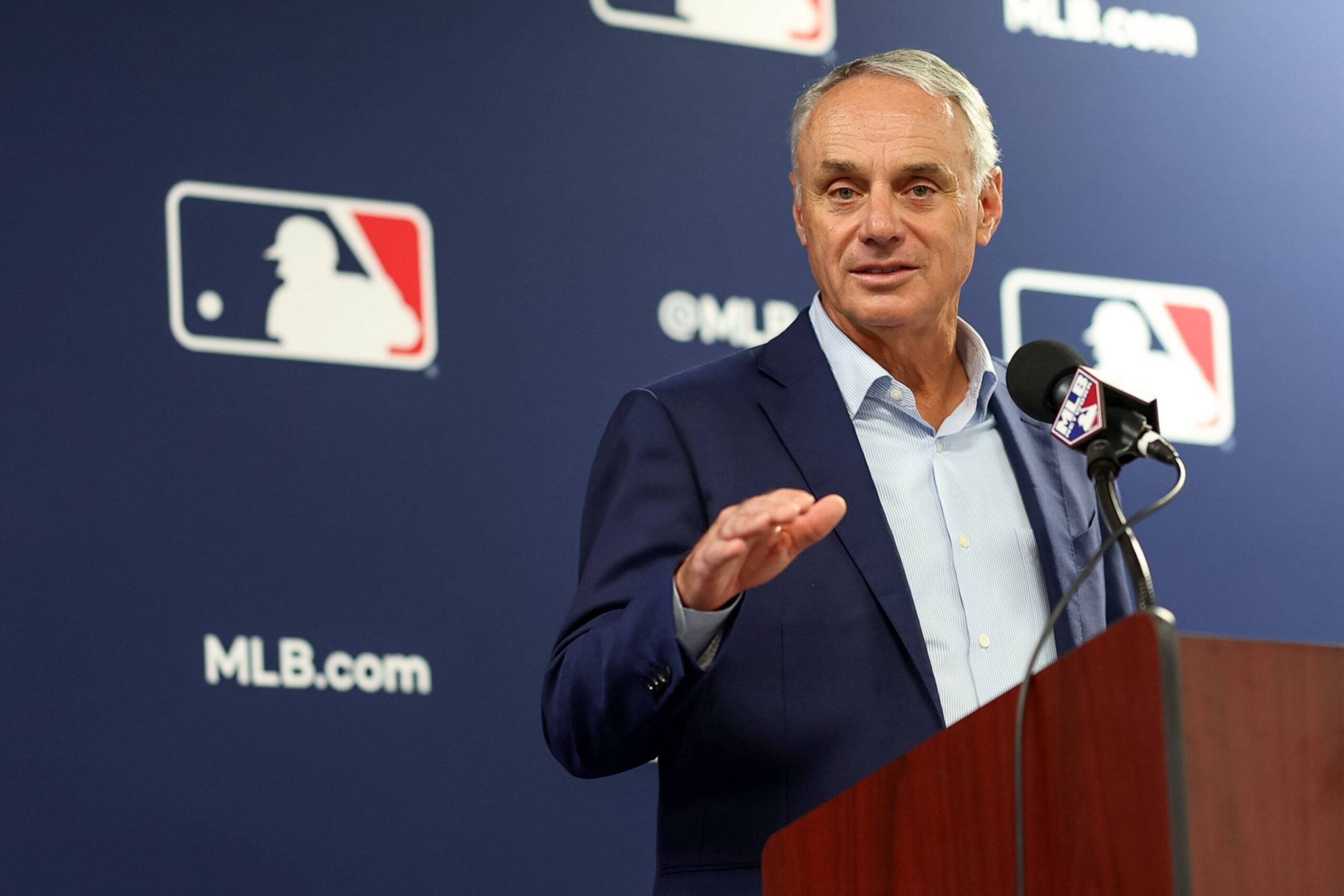 TAMPA, FL - FEBRUARY 15: Commissioner of Major League Baseball Robert D. Manfred Jr. speaks during the 2024 Grapefruit League Spring Training Media Day at George M. Steinbrenner Field on Thursday, February 15, 2024 in Tampa, Florida. (Photo by Mike Carlson/MLB Photos via Getty Images)