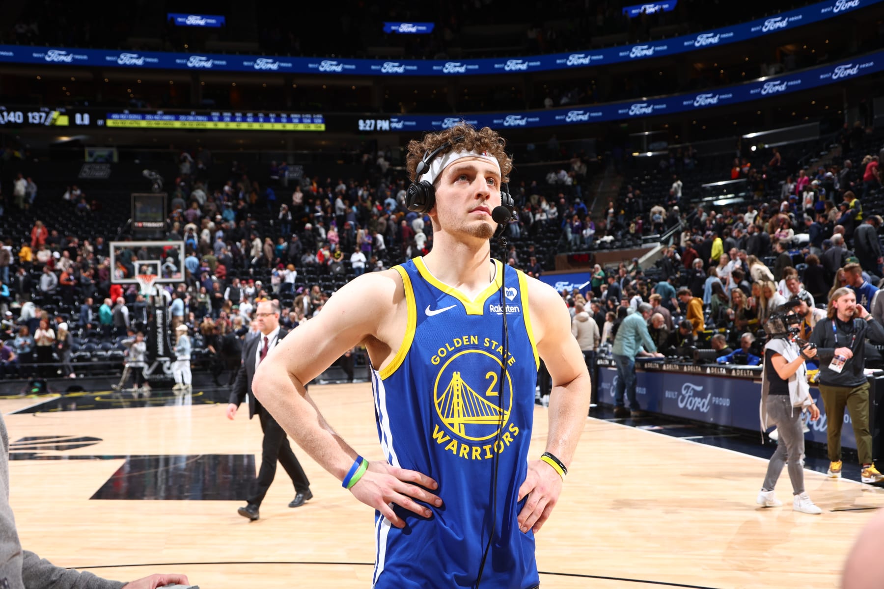 SALT LAKE CITY, UT - FEBRUARY 15: Brandin Podziemski #2 of the Golden State Warriors talks to the media after the game against the Utah Jazz on February 15, 2024 at Delta Center in Salt Lake City, Utah. NOTE TO USER: User expressly acknowledges and agrees that, by downloading and or using this Photograph, User is consenting to the terms and conditions of the Getty Images License Agreement. Mandatory Copyright Notice: Copyright 2024 NBAE (Photo by Melissa Majchrzak/NBAE via Getty Images)