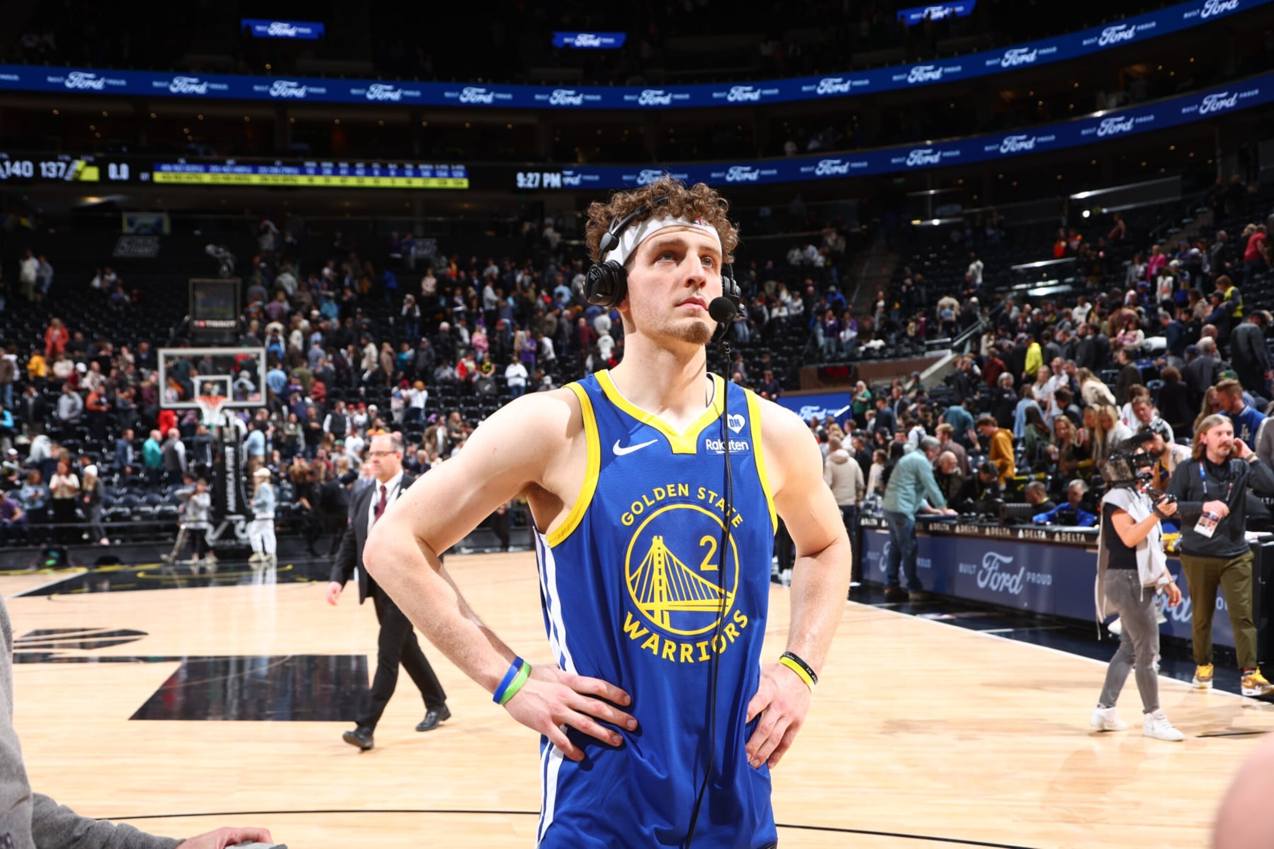 SALT LAKE CITY, UT - FEBRUARY 15: Brandin Podziemski #2 of the Golden State Warriors talks to the media after the game against the Utah Jazz on February 15, 2024 at Delta Center in Salt Lake City, Utah. NOTE TO USER: User expressly acknowledges and agrees that, by downloading and or using this Photograph, User is consenting to the terms and conditions of the Getty Images License Agreement. Mandatory Copyright Notice: Copyright 2024 NBAE (Photo by Melissa Majchrzak/NBAE via Getty Images)