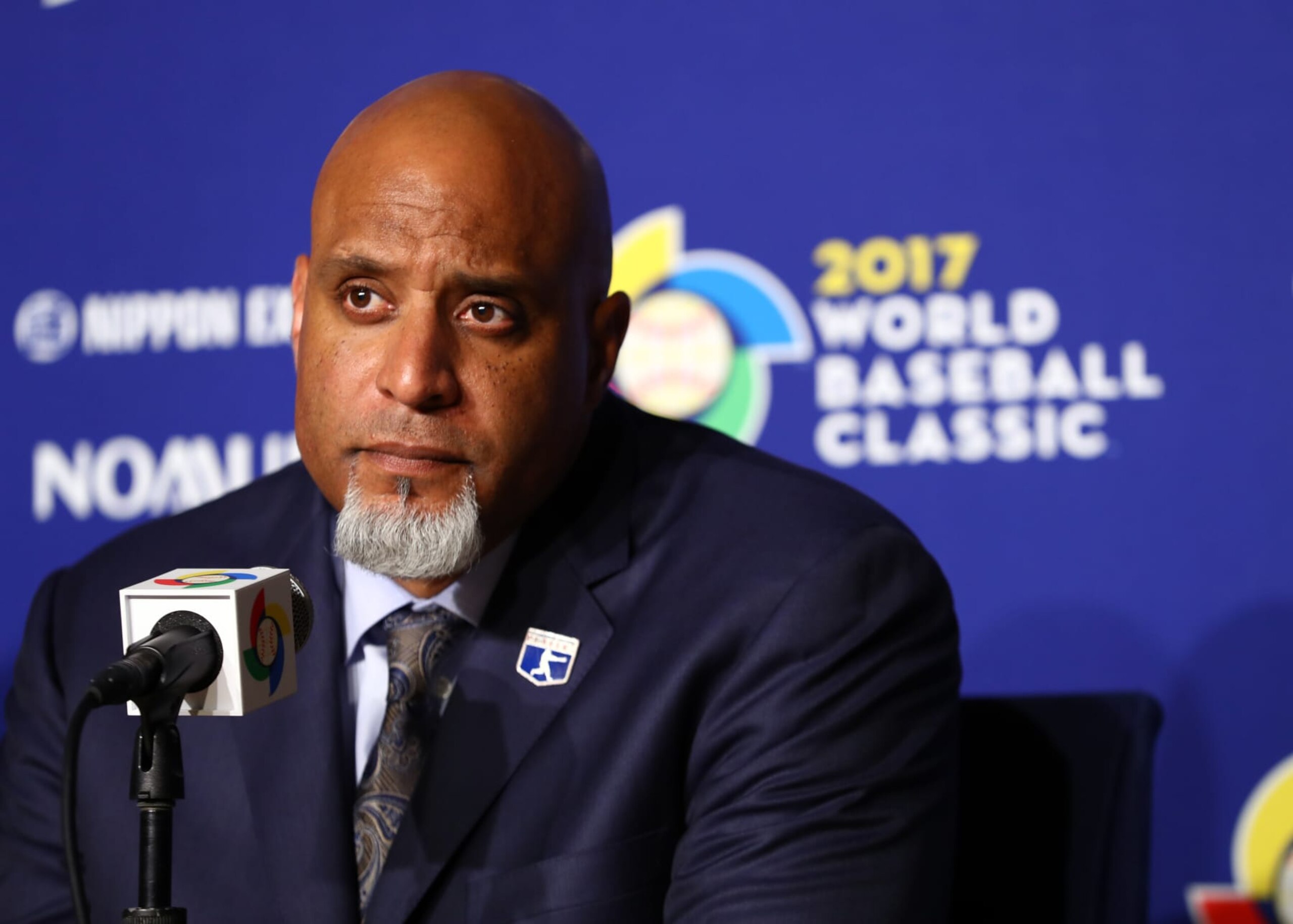 LOS ANGELES, CA - MARCH 22:  Major League Baseball Players Association Executive Director Tony Clark is seen during a press conference before Game 3 of the Championship Round of the 2017 World Baseball Classic between Team USA and Team Puerto Rico on Wednesday, March 22, 2017 at Dodger Stadium in Los Angeles, California. (Photo by Alex Trautwig/WBCI/MLB via Getty Images) 