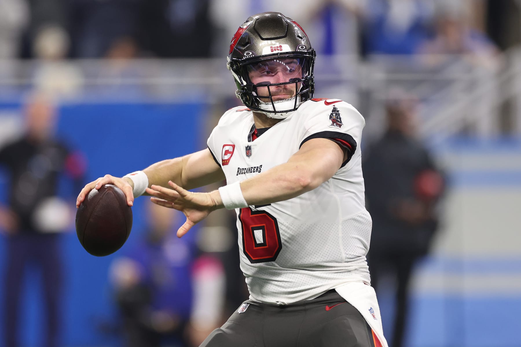 DETROIT, MICHIGAN - JANUARY 21: Baker Mayfield #6 of the Tampa Bay Buccaneers plays against the Detroit Lions during a NFC Divisional Playoff game at Ford Field on January 21, 2024 in Detroit, Michigan. (Photo by Gregory Shamus/Getty Images)