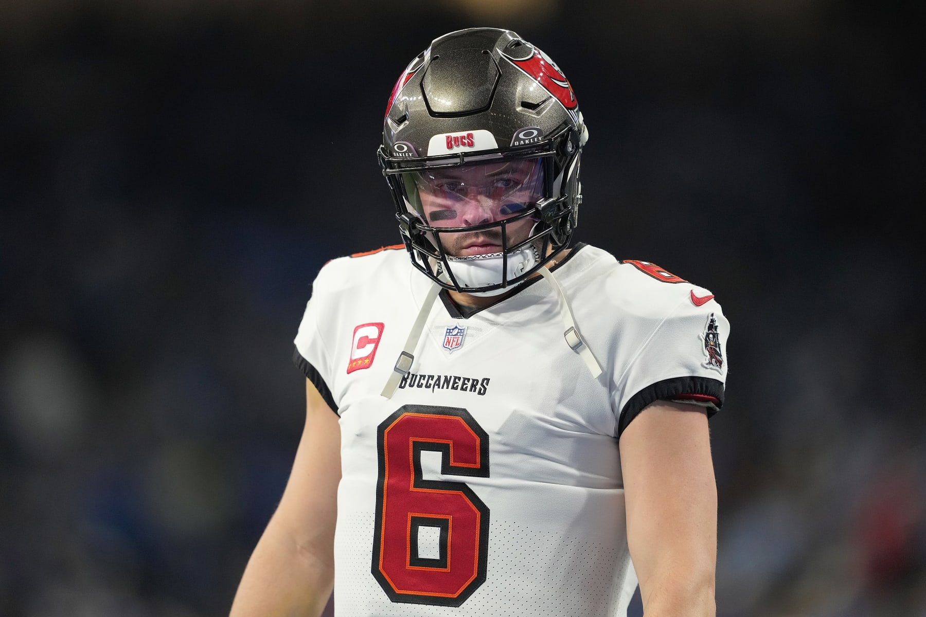 DETROIT, MICHIGAN - JANUARY 21: Baker Mayfield #6 of the Tampa Bay Buccaneers participates in warmups prior to the NFC Divisional Playoff game against the Detroit Lions at Ford Field on January 21, 2024 in Detroit, Michigan. (Photo by Nic Antaya/Getty Images)