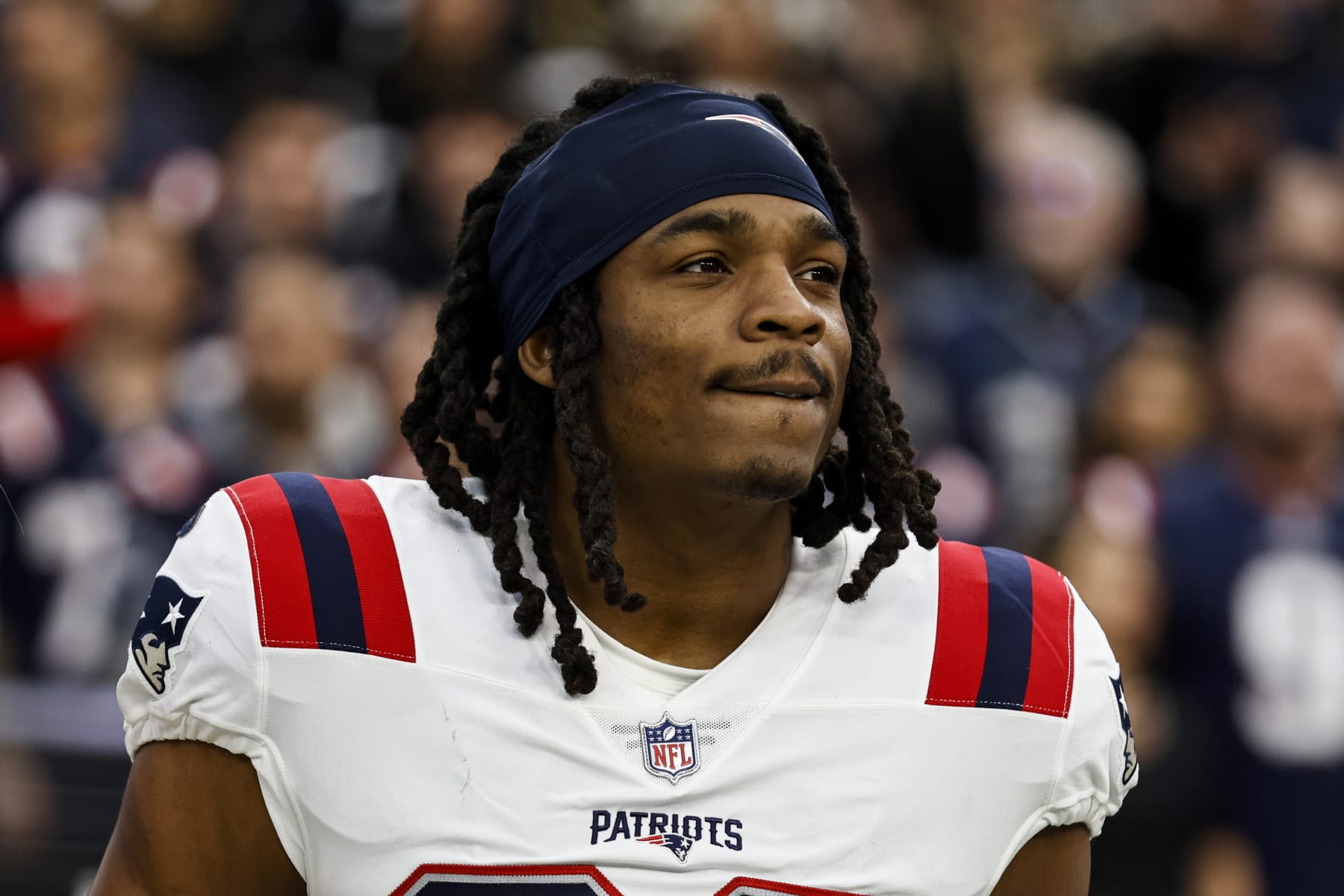 LAS VEGAS, NEVADA - DECEMBER 18: Kyle Dugger #23 of the New England Patriots looks on during the national anthem prior to an NFL football game between the Las Vegas Raiders and the New England Patriots at Allegiant Stadium on December 18, 2022 in Las Vegas, Nevada. (Photo by Michael Owens/Getty Images)