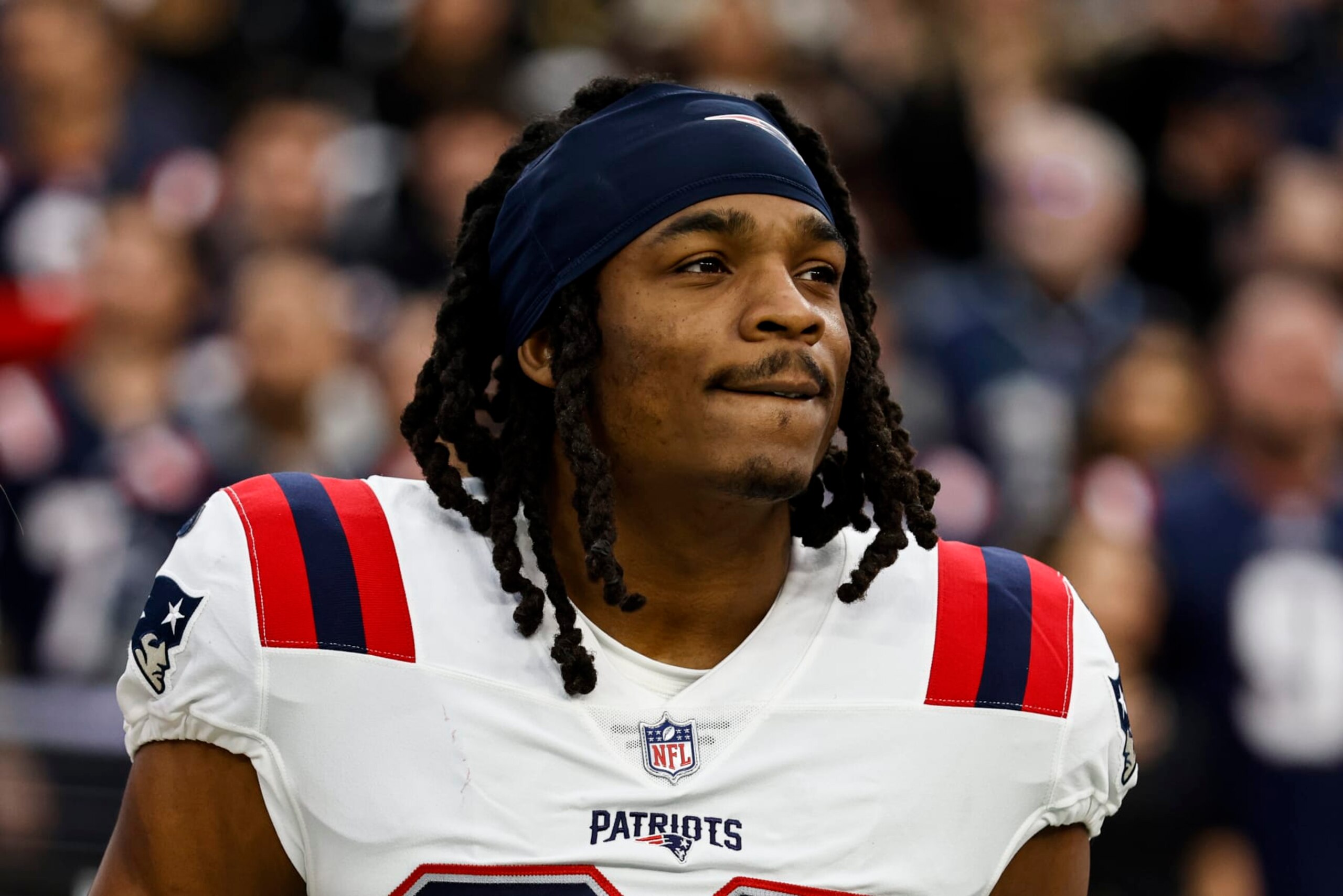 LAS VEGAS, NEVADA - DECEMBER 18: Kyle Dugger #23 of the New England Patriots looks on during the national anthem prior to an NFL football game between the Las Vegas Raiders and the New England Patriots at Allegiant Stadium on December 18, 2022 in Las Vegas, Nevada. (Photo by Michael Owens/Getty Images)