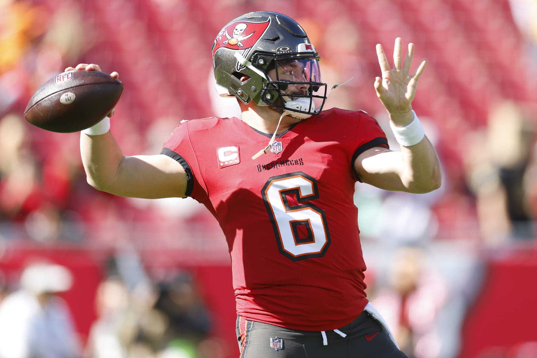 TAMPA, FLORIDA - DECEMBER 31: Baker Mayfield #6 of the Tampa Bay Buccaneers warms up before the game against the New Orleans Saints at Raymond James Stadium on December 31, 2023 in Tampa, Florida. (Photo by Mike Ehrmann/Getty Images)