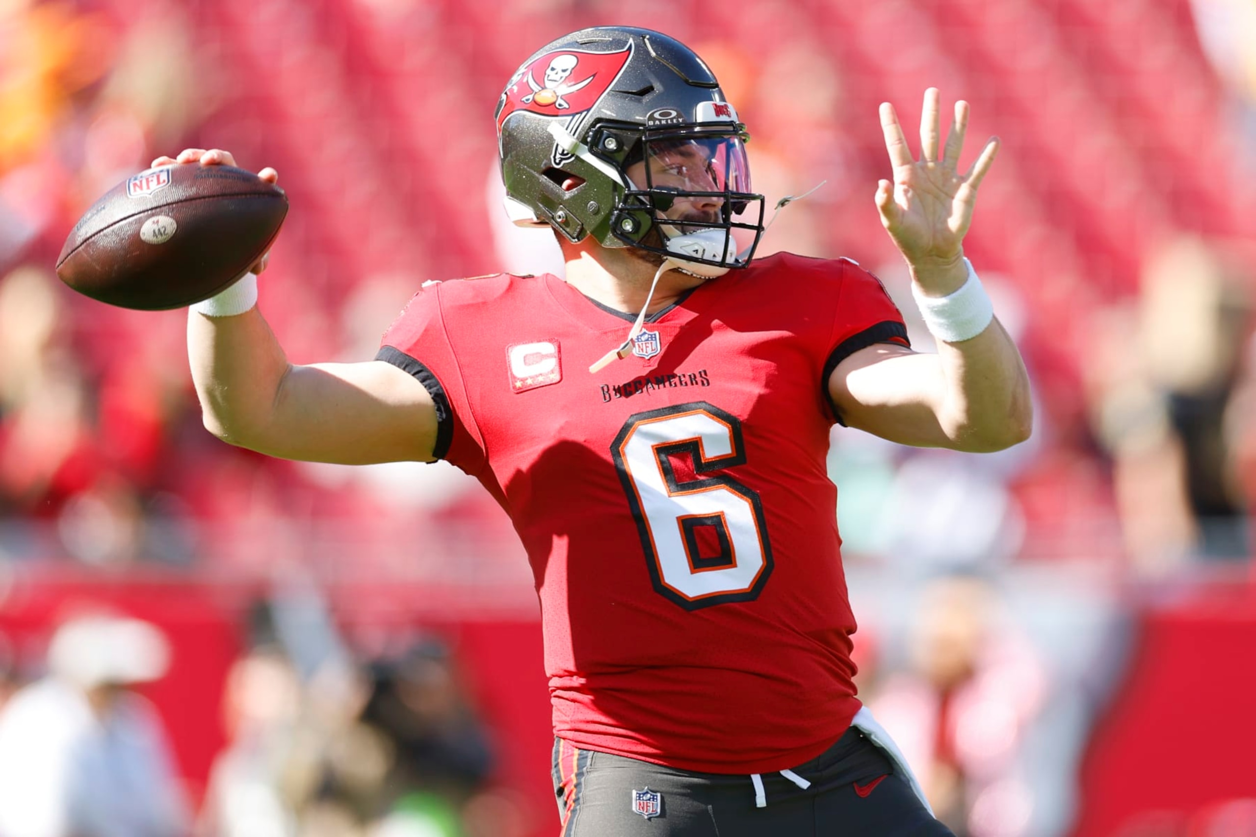 TAMPA, FLORIDA - DECEMBER 31: Baker Mayfield #6 of the Tampa Bay Buccaneers warms up before the game against the New Orleans Saints at Raymond James Stadium on December 31, 2023 in Tampa, Florida. (Photo by Mike Ehrmann/Getty Images)