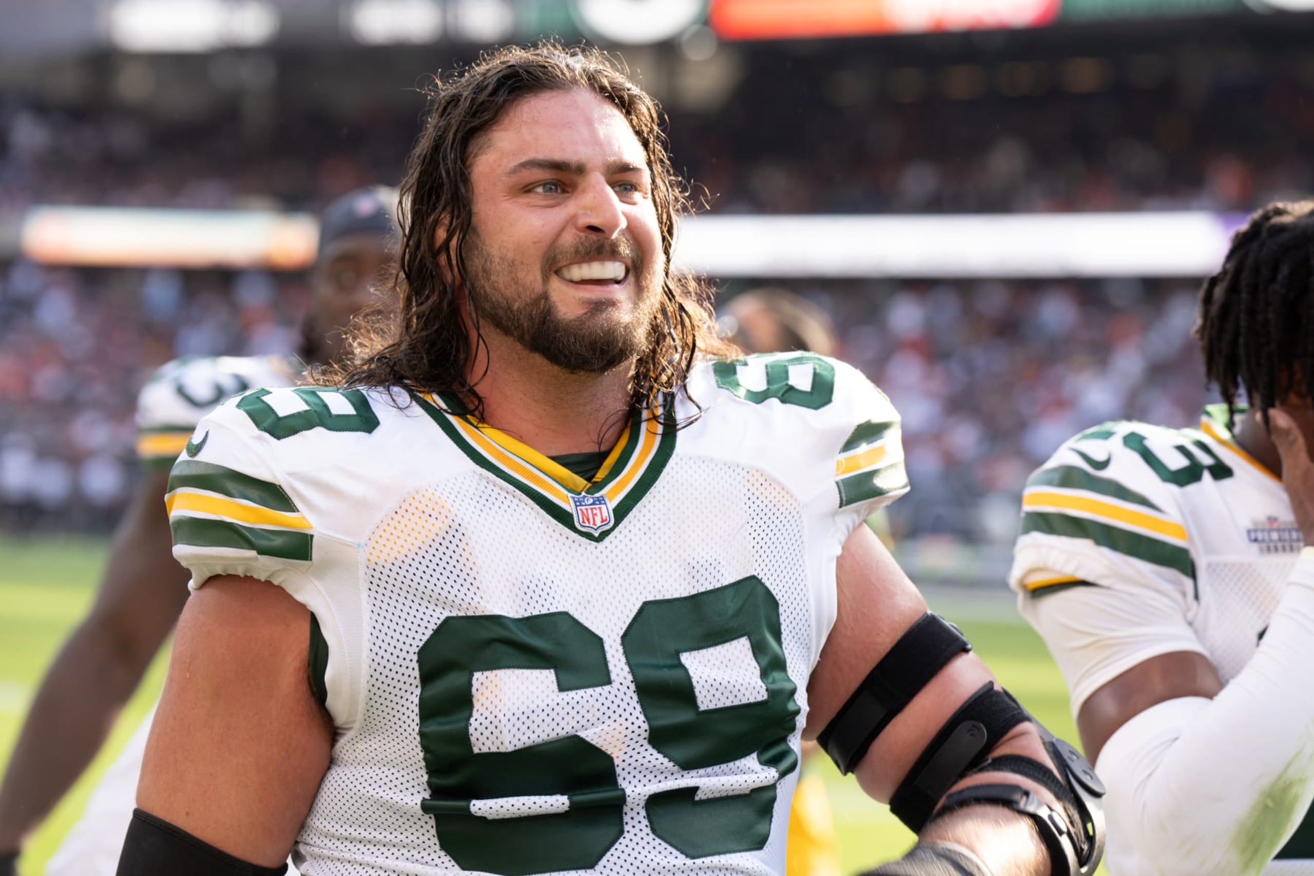 CHICAGO, IL - SEPTEMBER 10:  Offensive Tackle David Bakhtiari #69 of the Green Bay Packers looks on during an NFL football game against the Chicago Bear at Soldier Field on September 10, 2023 in Chicago, Illinois. (Photo by Todd Rosenberg/Getty Images)
