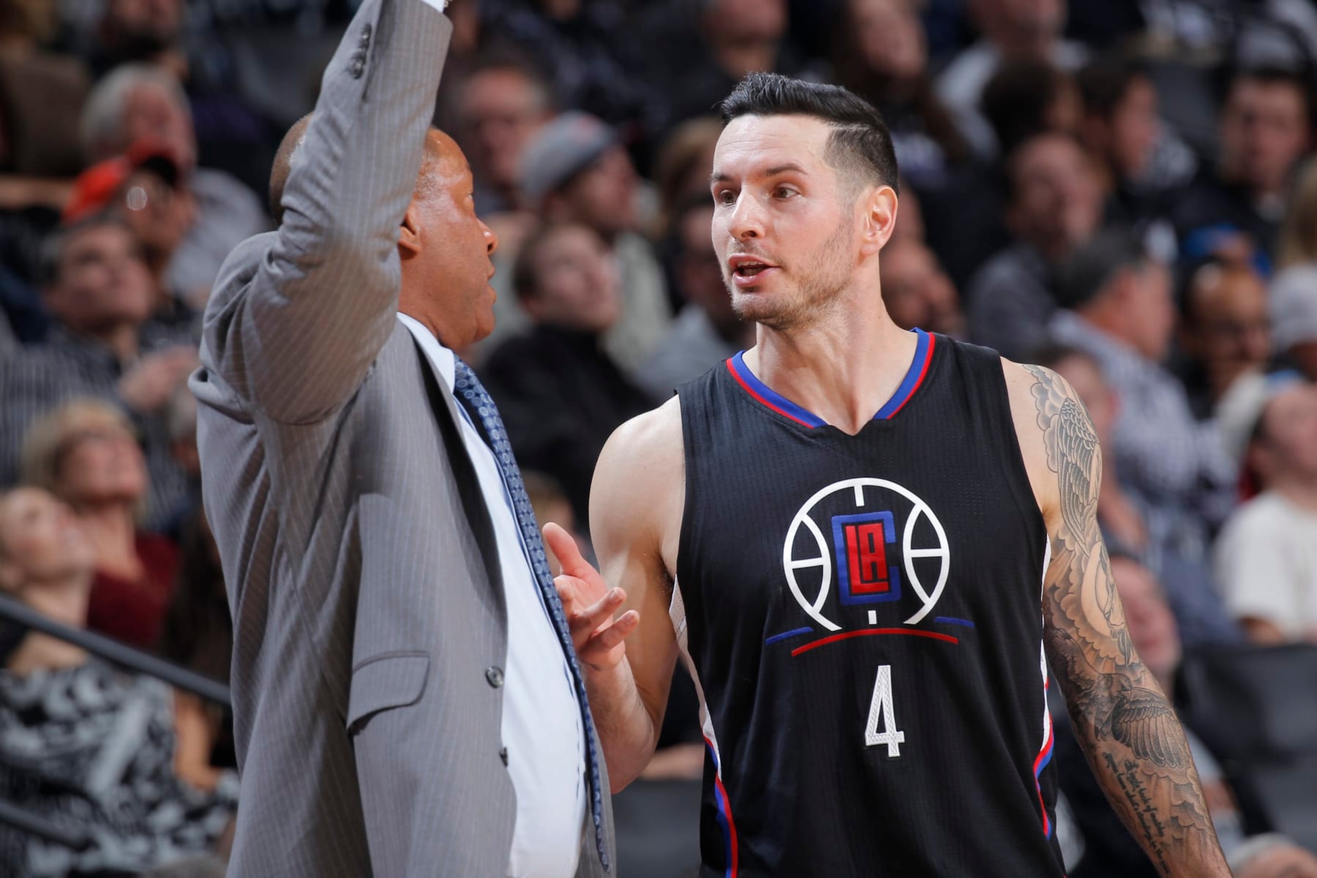 SACRAMENTO, CA - NOVEMBER 18: Head Coach Doc Rivers of the Los Angeles Clippers coaches J.J. Redick #4 against the Sacramento Kings on November 18, 2016 at Golden 1 Center in Sacramento, California. NOTE TO USER: User expressly acknowledges and agrees that, by downloading and or using this photograph, User is consenting to the terms and conditions of the Getty Images Agreement. Mandatory Copyright Notice: Copyright 2016 NBAE (Photo by Rocky Widner/NBAE via Getty Images)