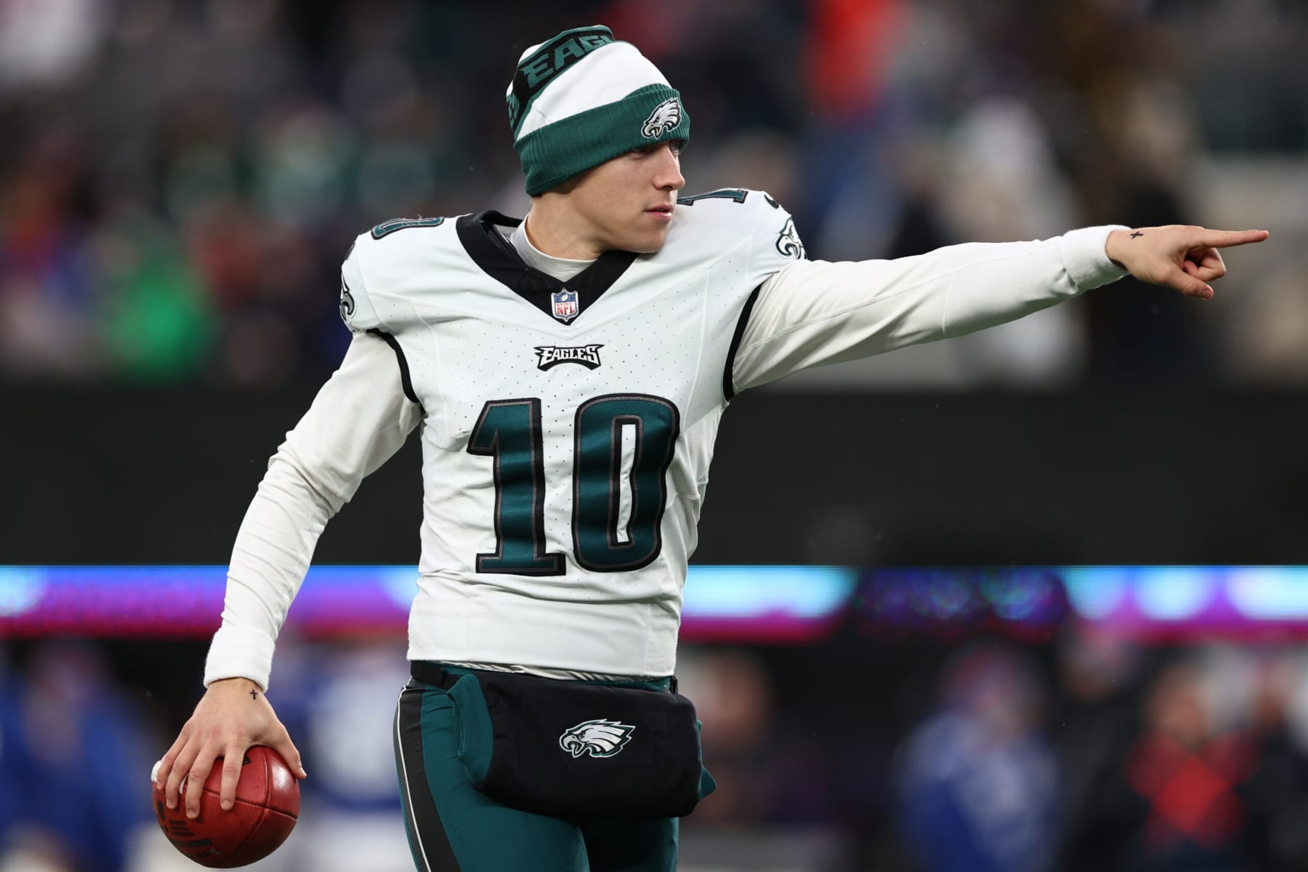 EAST RUTHERFORD, NEW JERSEY - JANUARY 07: Braden Mann #10 of the Philadelphia Eagles reacts prior to the game against the New York Giants at MetLife Stadium on January 07, 2024 in East Rutherford, New Jersey. (Photo by Elsa/Getty Images)