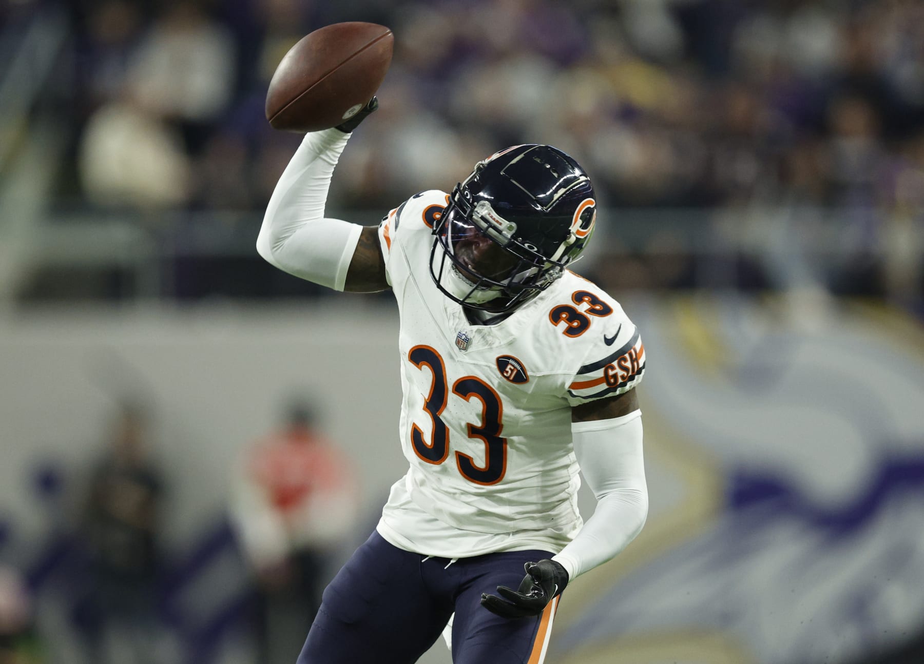 MINNEAPOLIS, MINNESOTA - NOVEMBER 27: Jaylon Johnson #33 of the Chicago Bears reacts after nearly intercepting a pass during the second quarter against the Minnesota Vikings at U.S. Bank Stadium on November 27, 2023 in Minneapolis, Minnesota. (Photo by David Berding/Getty Images)