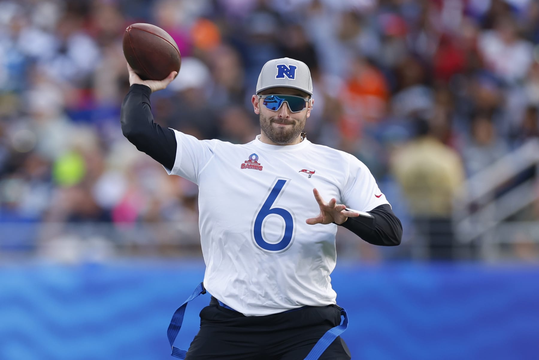 ORLANDO, FLORIDA - FEBRUARY 04: Baker Mayfield #6 of the Tampa Bay Buccaneers and NFC throws the ball during the 2024 NFL Pro Bowl Games at Camping World Stadium on February 04, 2024 in Orlando, Florida. (Photo by Mike Ehrmann/Getty Images)