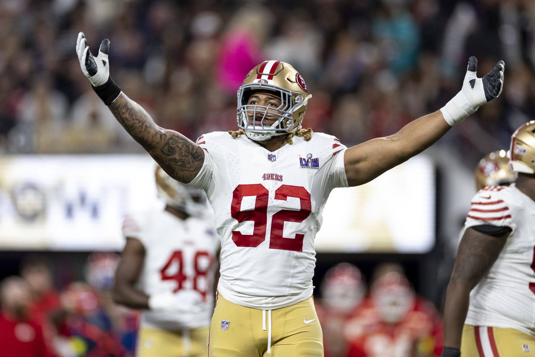 LAS VEGAS, NEVADA - FEBRUARY 11: Chase Young #92 of the San Francisco 49ers reacts during the NFL Super Bowl 58 football game between the San Francisco 49ers and the Kansas City Chiefs at Allegiant Stadium on February 11, 2024 in Las Vegas, Nevada. (Photo by Michael Owens/Getty Images)