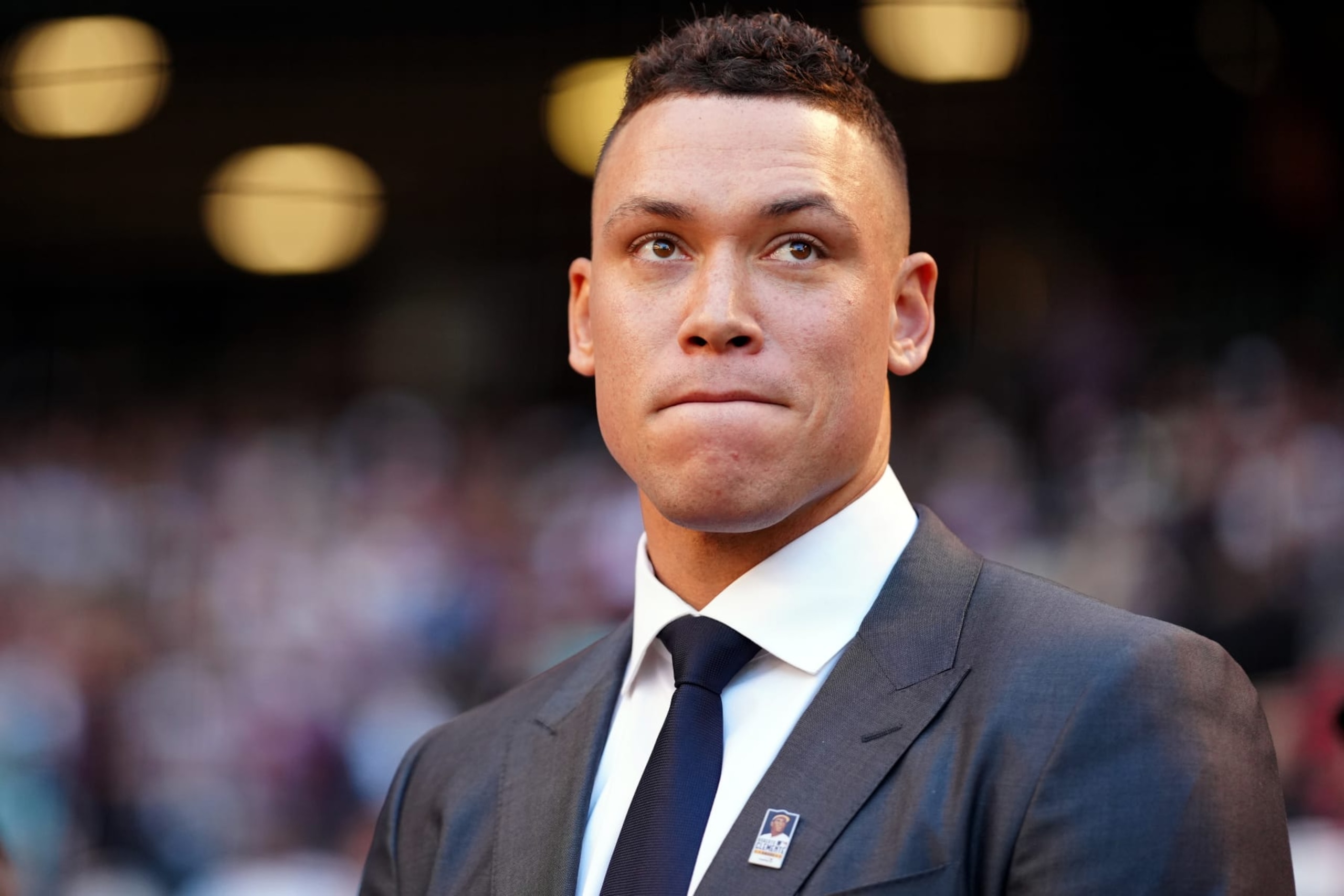 PHOENIX, AZ - OCTOBER 30: 2023 Roberto Clemente Award winner Aaron Judge looks on prior to Game 3 of the 2023 World Series between the Texas Rangers and the Arizona Diamondbacks at Chase Field on Monday, October 30, 2023 in Phoenix, Arizona. (Photo by Daniel Shirey/MLB Photos via Getty Images)