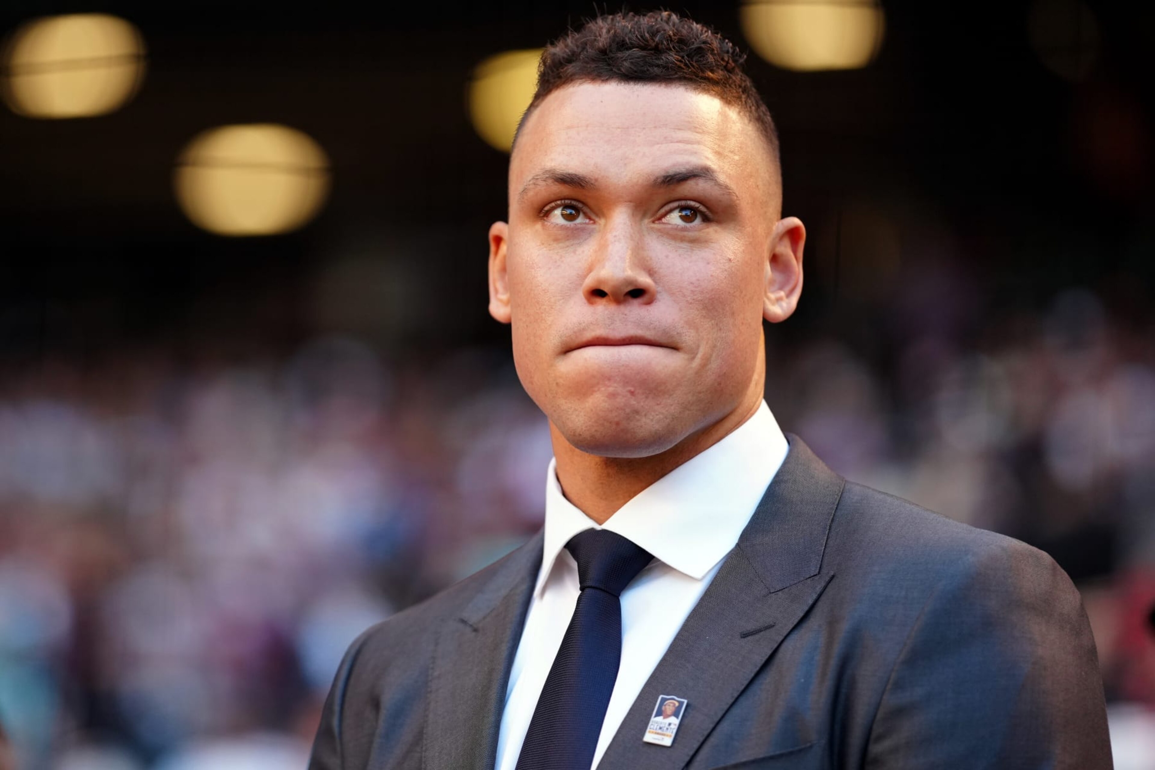 PHOENIX, AZ - OCTOBER 30: 2023 Roberto Clemente Award winner Aaron Judge looks on prior to Game 3 of the 2023 World Series between the Texas Rangers and the Arizona Diamondbacks at Chase Field on Monday, October 30, 2023 in Phoenix, Arizona. (Photo by Daniel Shirey/MLB Photos via Getty Images) PHOENIX, AZ - OCTOBER 30: 2023 Roberto Clemente Award winner Aaron Judge looks on prior to Game 3 of the 2023 World Series between the Texas Rangers and the Arizona Diamondbacks at Chase Field on Monday, October 30, 2023 in Phoenix, Arizona. (Photo by Daniel Shirey/MLB Photos via Getty Images)