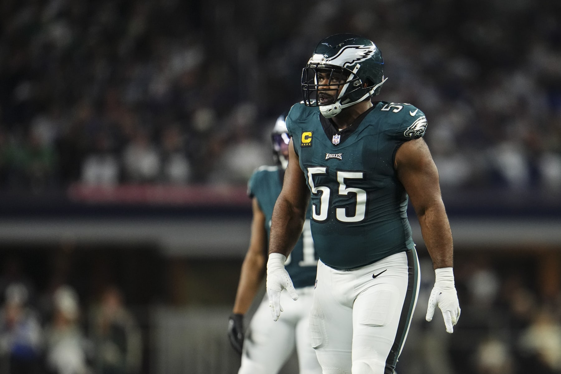 ARLINGTON, TX - DECEMBER 10: Brandon Graham #55 of the Philadelphia Eagles looks on from the field during an NFL football game against the Dallas Cowboys at AT&T Stadium on December 10, 2023 in Arlington, Texas. (Photo by Cooper Neill/Getty Images)