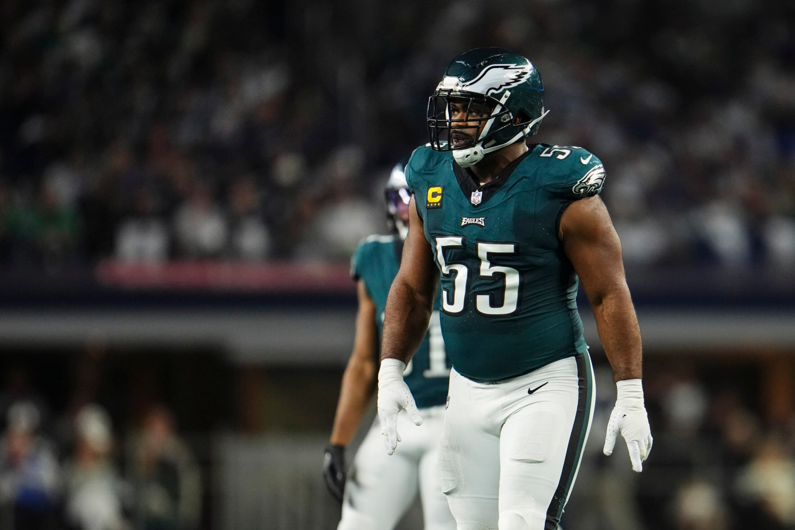 ARLINGTON, TX - DECEMBER 10: Brandon Graham #55 of the Philadelphia Eagles looks on from the field during an NFL football game against the Dallas Cowboys at AT&T Stadium on December 10, 2023 in Arlington, Texas. (Photo by Cooper Neill/Getty Images)