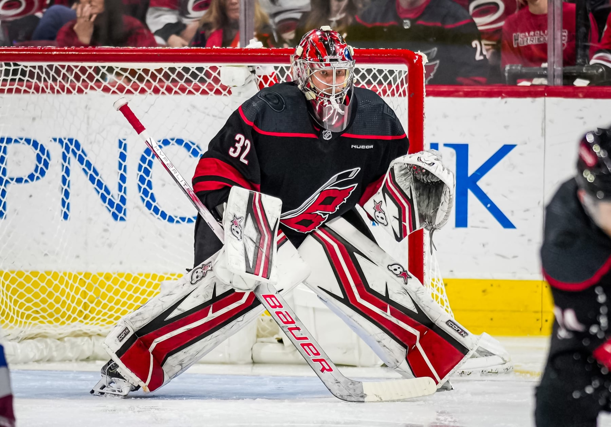 RALEIGH, NORTH CAROLINA - FEBRUARY 08: Antti Raanta #32 of the Carolina Hurricanes tends net during the second period against the Colorado Avalanche at PNC Arena on February 08, 2024 in Raleigh, North Carolina. (Photo by Josh Lavallee/NHLI via Getty Images)