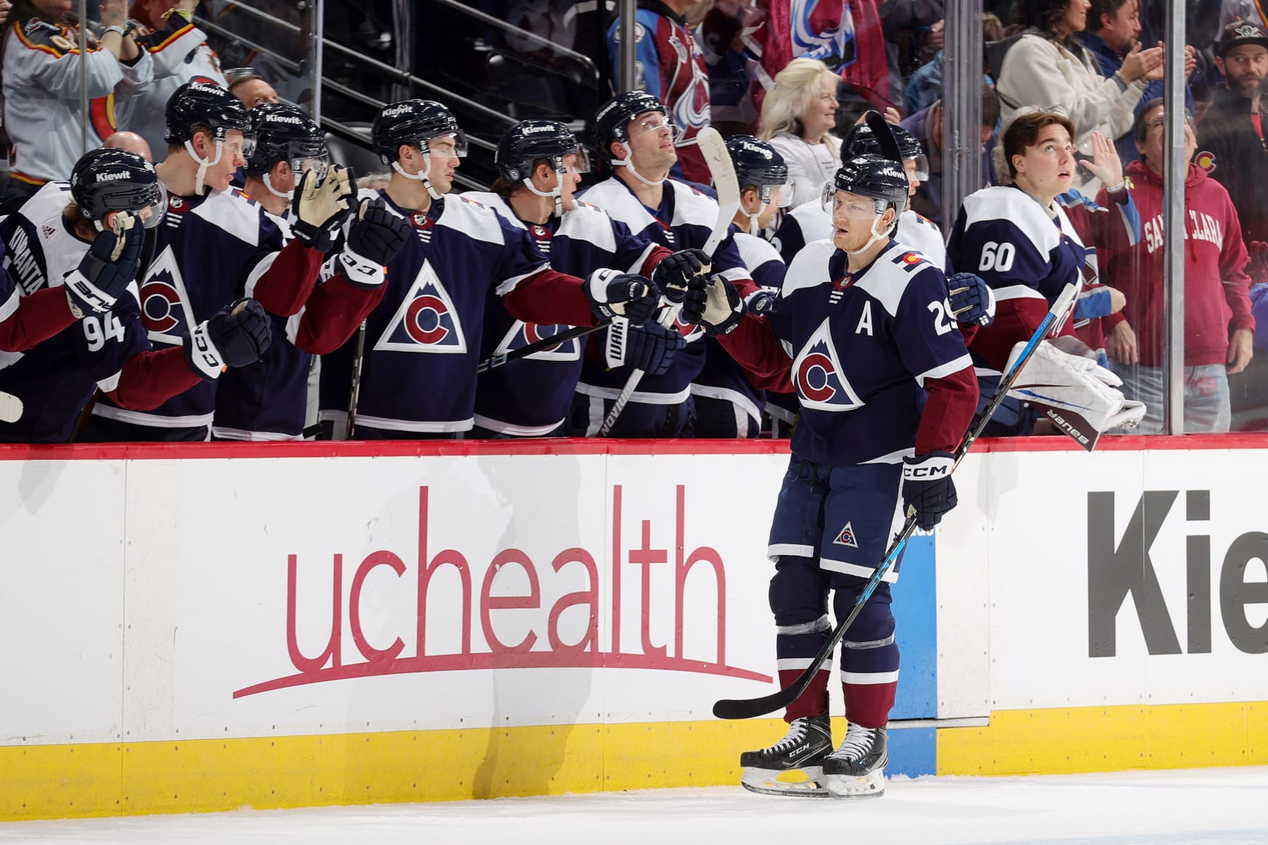 DENVER, COLORADO - FEBRUARY 18: Nathan MacKinnon #29 of the Colorado Avalanche celebrates a goal against the Arizona Coyotes at Ball Arena on February 18, 2024 in Denver, Colorado. (Photo by Michael Martin/NHLI via Getty Images)