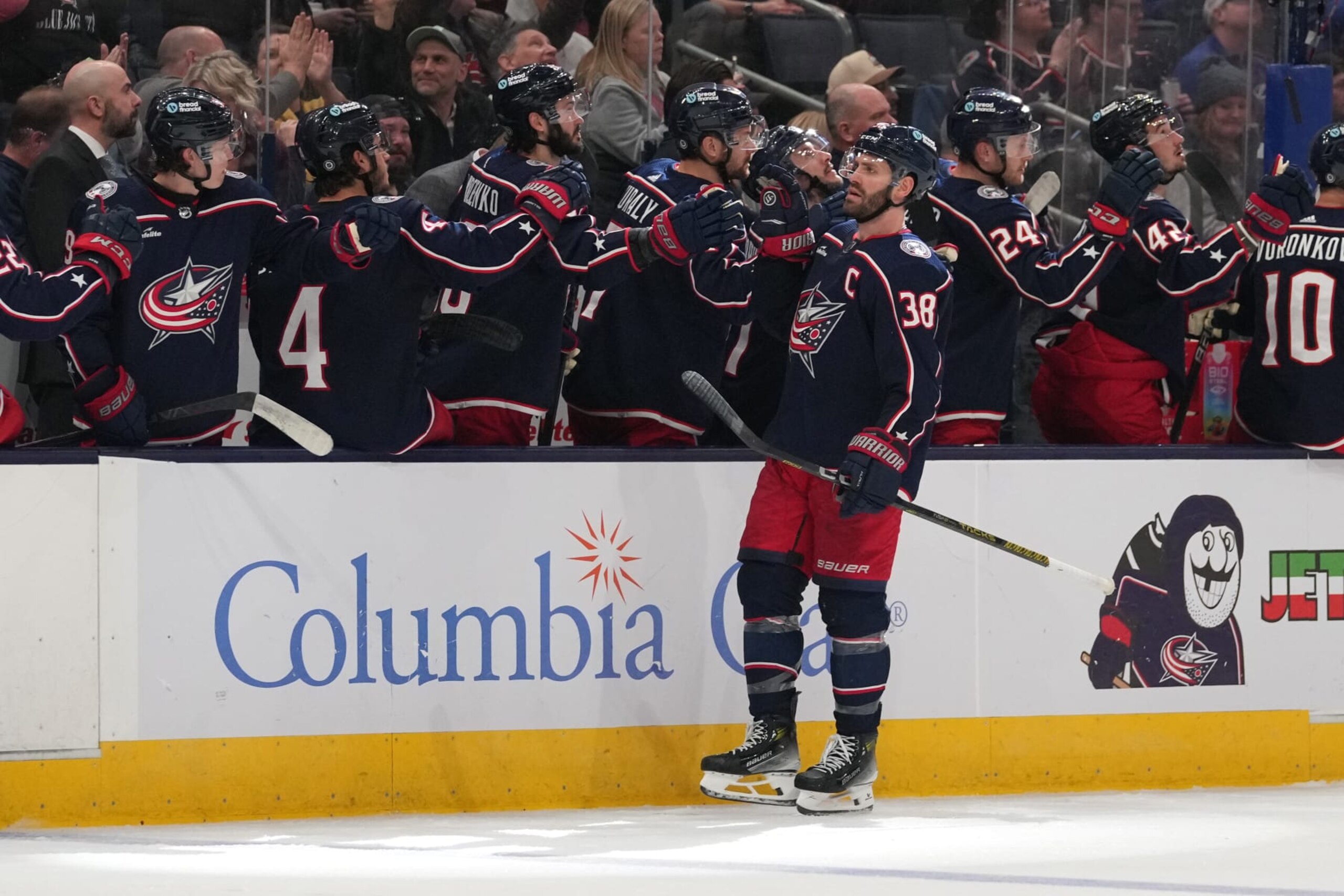 COLUMBUS, OHIO - FEBRUARY 10: Boone Jenner #38 of the Columbus Blue Jackets celebrates a goal in the third period against the Tampa Bay Lightning at Nationwide Arena on February 10, 2024 in Columbus, Ohio. (Photo by Jason Mowry/Getty Images)