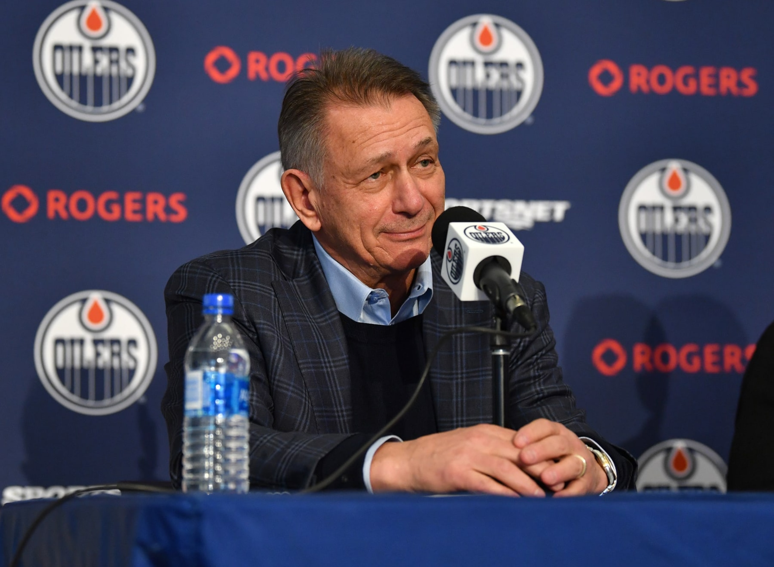 EDMONTON, CANADA - JANUARY 22: Ken Holland speaks at the Corey Perry free agent signing press conference at Rogers Place on January 22, 2024, in Edmonton, Alberta, Canada. (Photo by Andy Devlin/NHLI via Getty Images)