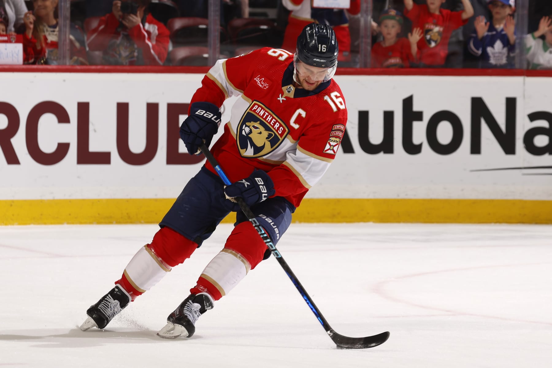 SUNRISE, FLORIDA - FEBRUARY 20: Aleksander Barkov #16 of the Florida Panthers warms up on the ice prior to the start of the game against the Ottawa Senators at the Amerant Bank Arena on February 20, 2024 in Sunrise, Florida. (Photo by Eliot J. Schechter/NHLI via Getty Images)