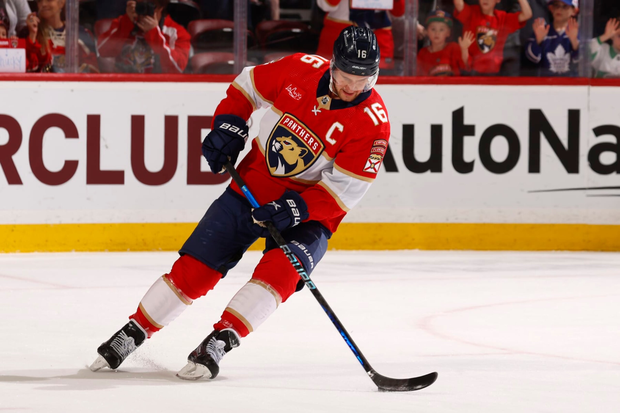 SUNRISE, FLORIDA - FEBRUARY 20: Aleksander Barkov #16 of the Florida Panthers warms up on the ice prior to the start of the game against the Ottawa Senators at the Amerant Bank Arena on February 20, 2024 in Sunrise, Florida. (Photo by Eliot J. Schechter/NHLI via Getty Images)