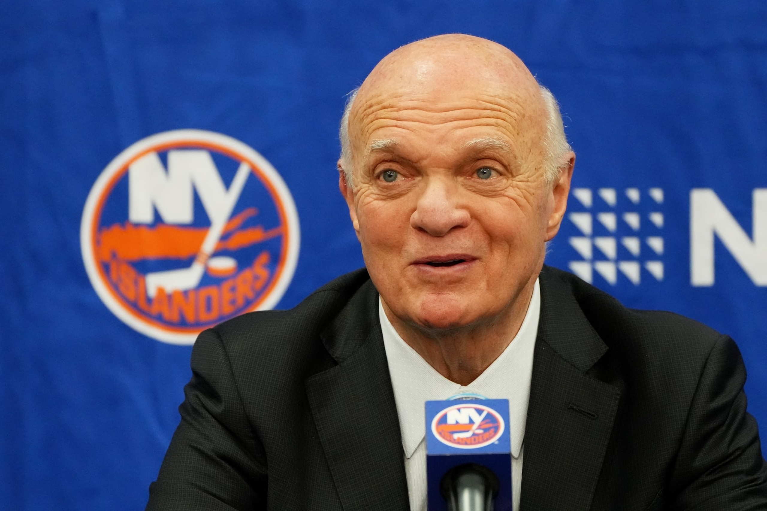 ELMONT, NEW YORK - NOVEMBER 25: General manager Lou Lamoriello of the New York Islanders speaks to the media prior to the game Philadelphia Flyers at UBS Arena on November 25, 2023 in Elmont, New York. (Photo by Mike Stobe/NHLI via Getty Images)