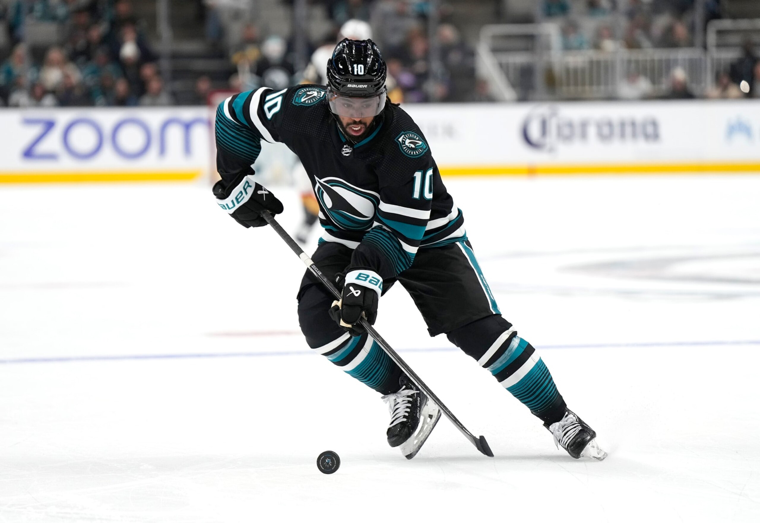 SAN JOSE, CALIFORNIA - FEBRUARY 19: Anthony Duclair #10 of the San Jose Sharks skates with the puck against the Vegas Golden Knights during the second period of an NHL hockey game at SAP Center on February 19, 2024 in San Jose, California. (Photo by Thearon W. Henderson/Getty Images)