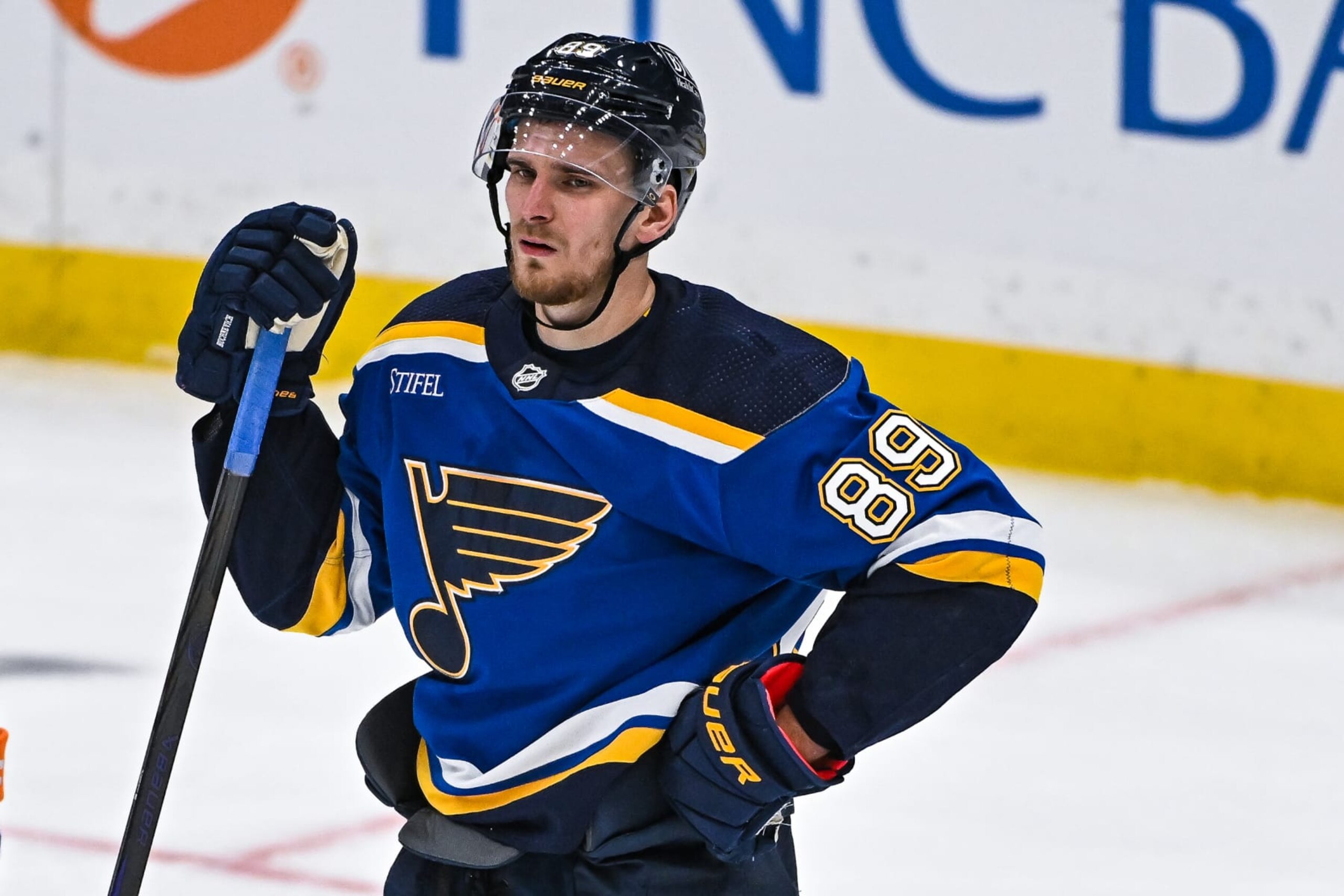 ST. LOUIS, MO - February 15: St. Louis Blues left wing Pavel Buchnevich (89) during a regular season game between the Edmonton Oilers and the St. Louis Blues on February 15, 2024, at the Enterprise Center in St. Louis MO (Photo by Rick Ulreich/Icon Sportswire via Getty Images)