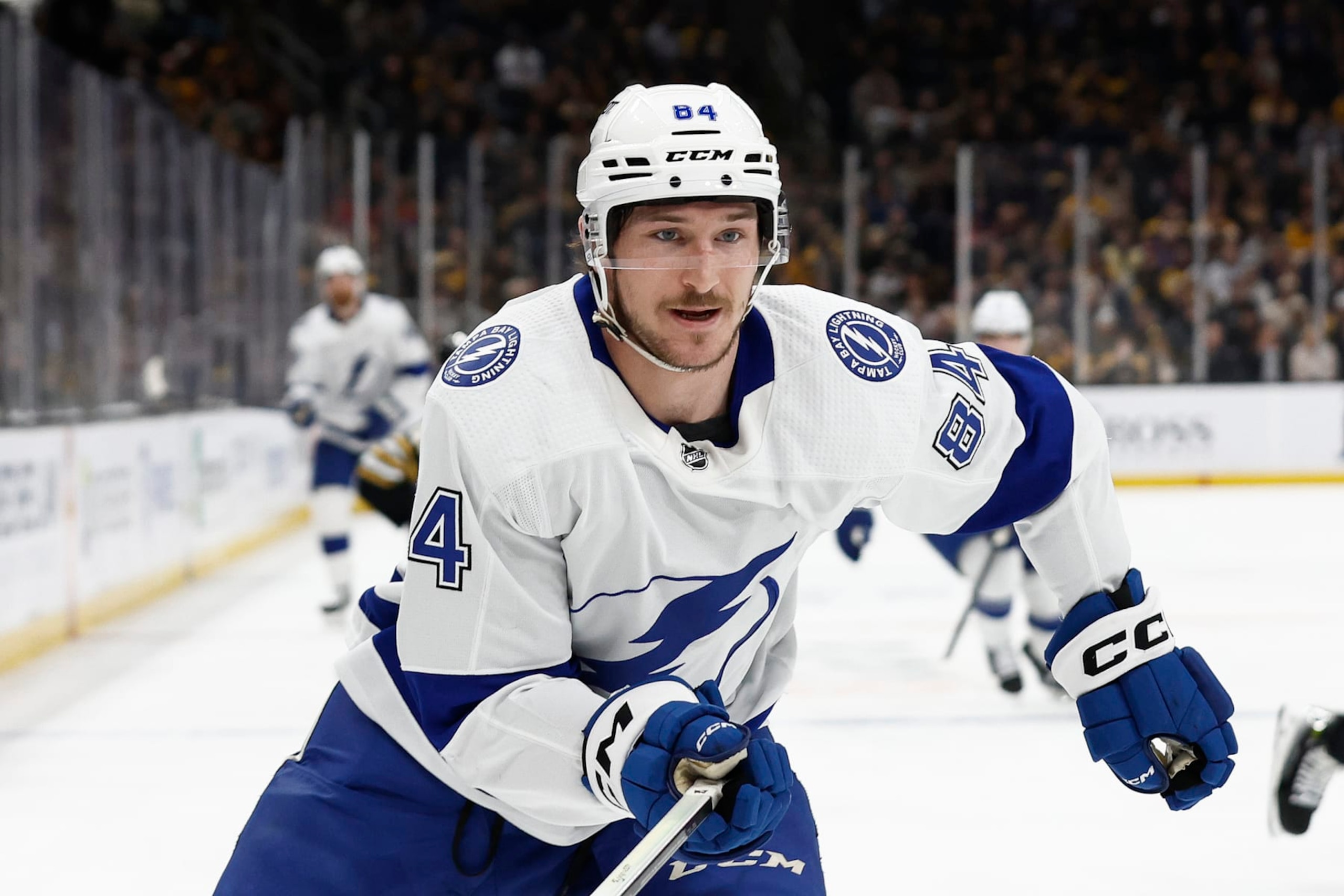 BOSTON, MA - FEBRUARY 13: Tanner Jeannot #84 of the Tampa Bay Lightning looks on during the second period against the Boston Bruins at TD Garden on February 13, 2024 in Boston, Massachusetts. (Photo By Winslow Townson/Getty Images)