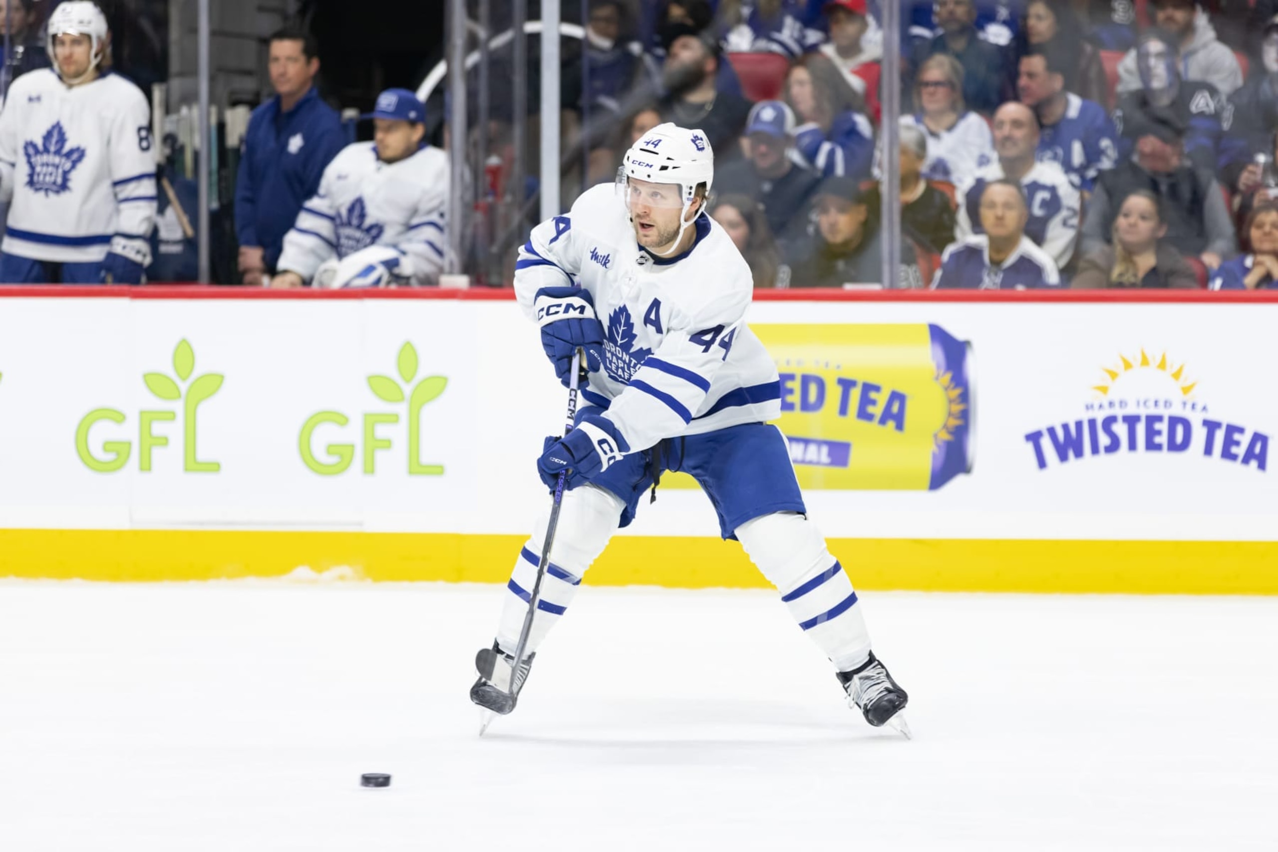 OTTAWA, ON - FEBRUARY 10: Toronto Maple Leafs Defenceman Morgan Rielly (44) passes the puck during first period National Hockey League action between the Toronto Maple Leafs and Ottawa Senators on February 10, 2024, at Canadian Tire Centre in Ottawa, ON, Canada. (Photo by Richard A. Whittaker/Icon Sportswire via Getty Images)