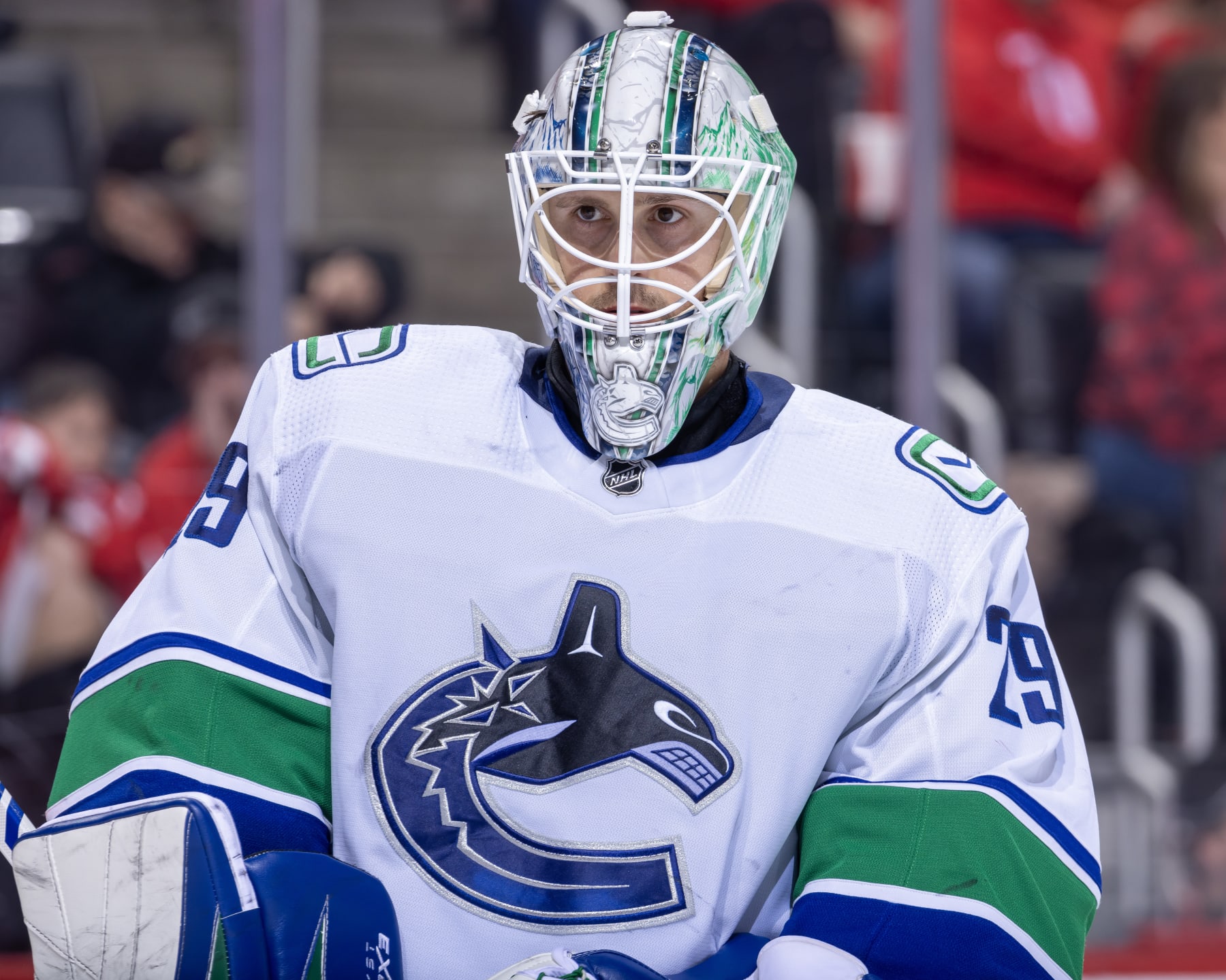 DETROIT, MI - FEBRUARY 10: Casey DeSmith #29 of the Vancouver Canucks skates around on a play stoppage against the Detroit Red Wings during the third period at Little Caesars Arena on February 10, 2024 in Detroit, Michigan. Detroit defeated Vancouver 4-3 in O.T. (Photo by Dave Reginek/NHLI via Getty Images)