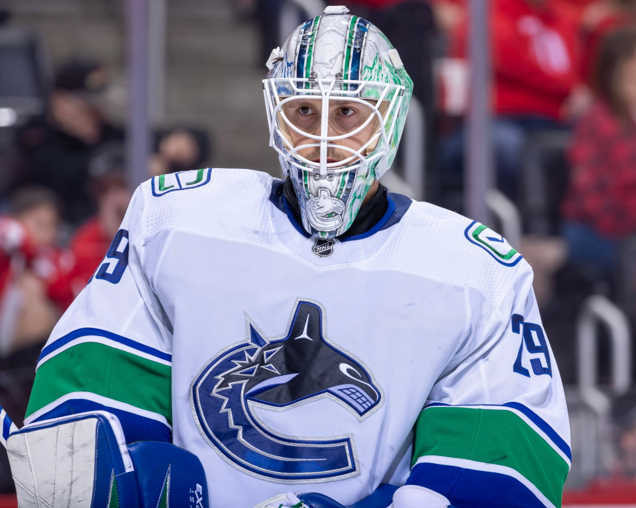 DETROIT, MI - FEBRUARY 10: Casey DeSmith #29 of the Vancouver Canucks skates around on a play stoppage against the Detroit Red Wings during the third period at Little Caesars Arena on February 10, 2024 in Detroit, Michigan. Detroit defeated Vancouver 4-3 in O.T. (Photo by Dave Reginek/NHLI via Getty Images)