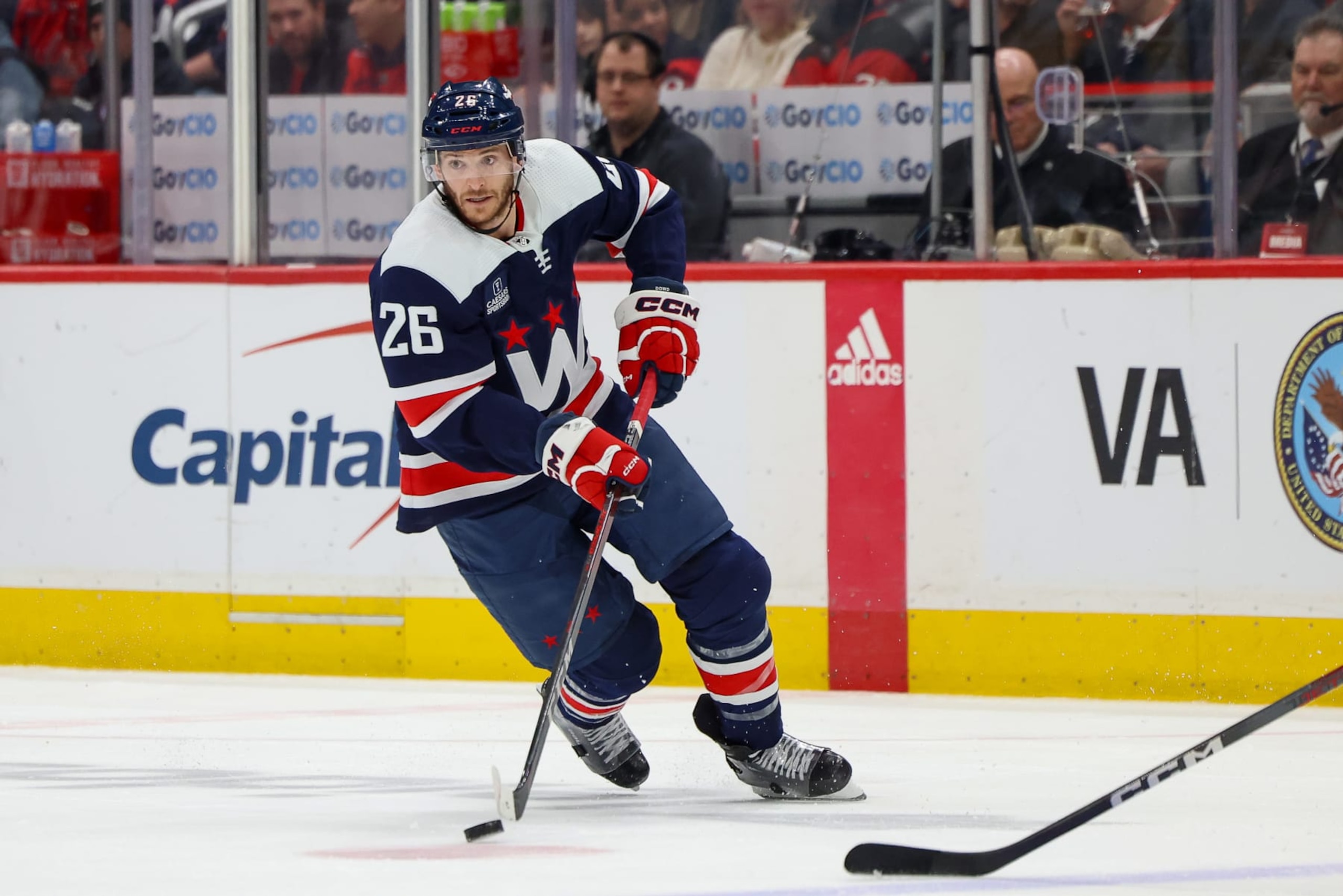 WASHINGTON, DC - FEBRUARY 20: Nic Dowd #26 of the Washington Capitals skates with the puck during a game against the New Jersey Devils at Capital One Arena on February 20, 2024 in Washington, D.C. (Photo by John McCreary/NHLI via Getty Images)