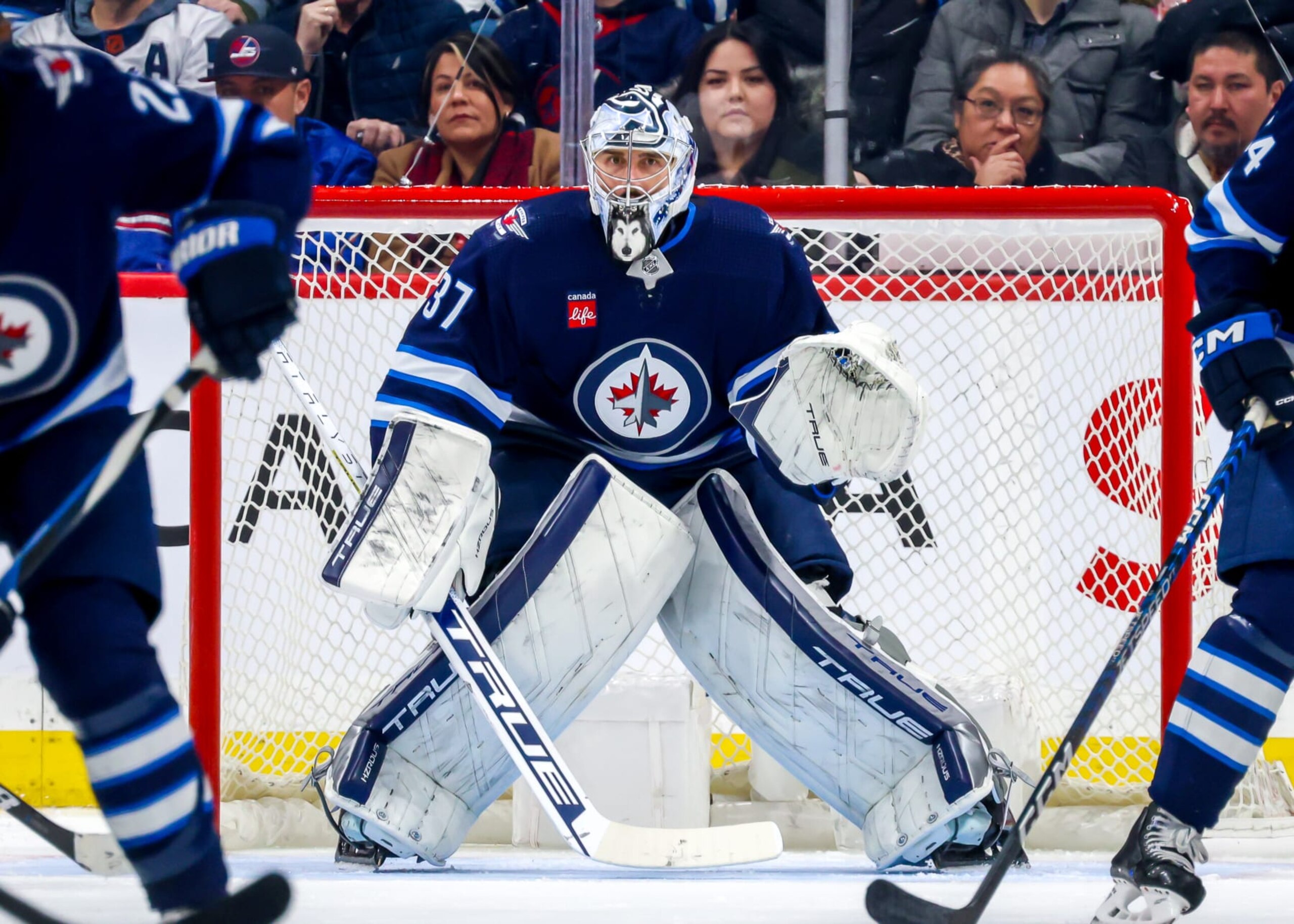 WINNIPEG, CANADA - JANUARY 09: Goaltender Connor Hellebuyck #37 of the Winnipeg Jets guards the net during second period action against the Columbus Blue Jackets at Canada Life Centre on January 09, 2024 in Winnipeg, Manitoba, Canada. (Photo by Jonathan Kozub/NHLI via Getty Images)