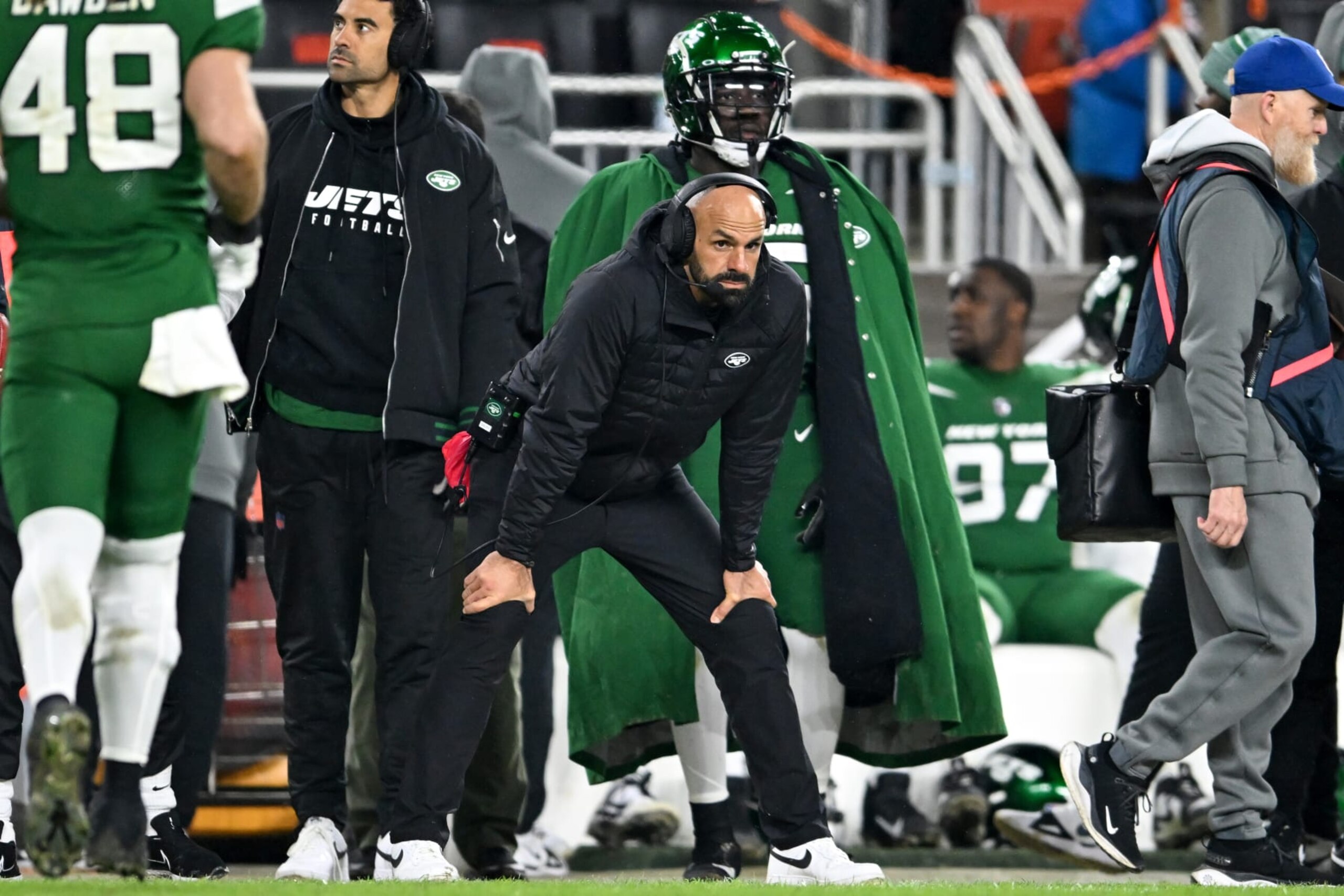 CLEVELAND, OHIO - DECEMBER 28: Head coach Robert Saleh of the New York Jets looks on during the second half against the Cleveland Browns at Cleveland Browns Stadium on December 28, 2023 in Cleveland, Ohio. (Photo by Nick Cammett/Diamond Images via Getty Images)