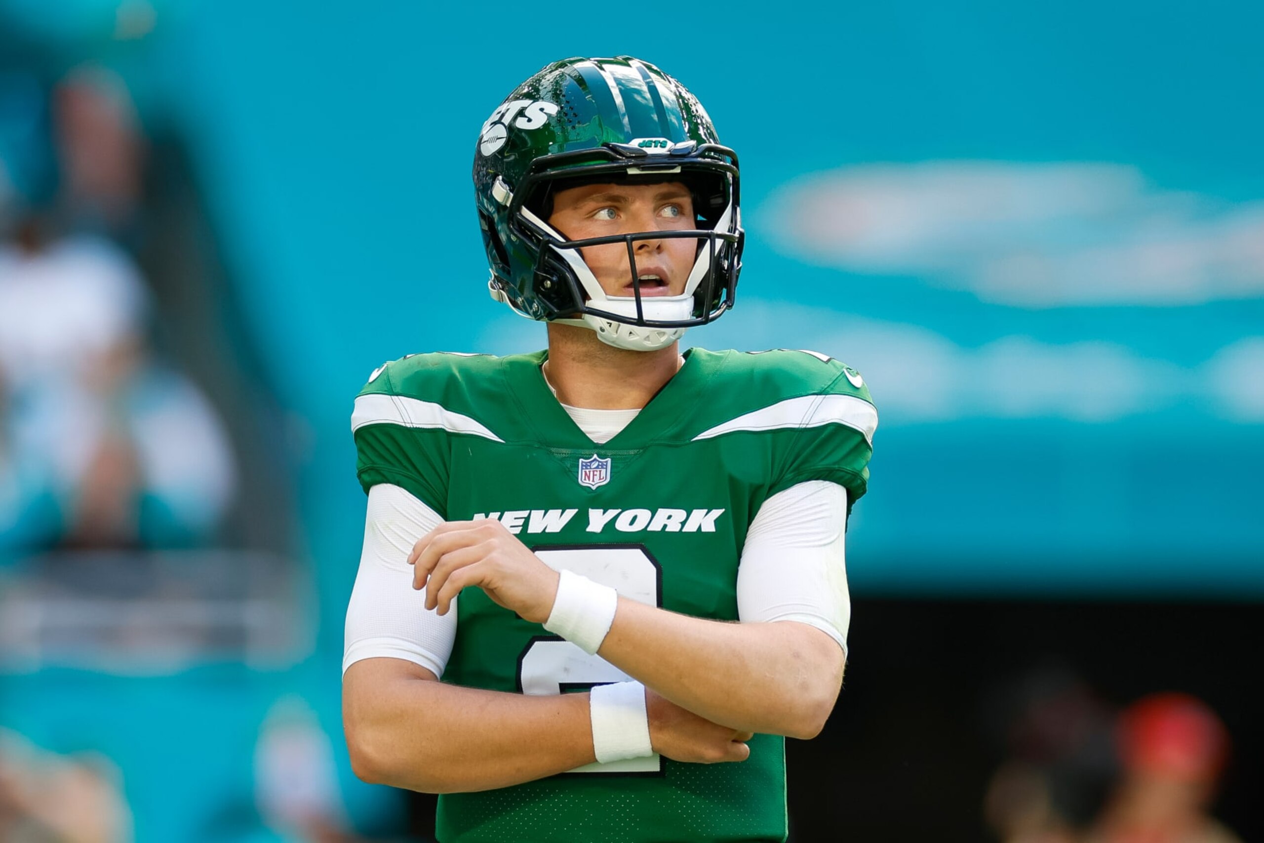 MIAMI GARDENS, FLORIDA - DECEMBER 17: Zach Wilson #2 of the New York Jets reacts in the first half during a game against the Miami Dolphins at Hard Rock Stadium on December 17, 2023 in Miami Gardens, Florida. (Photo by Brandon Sloter/Image Of Sport/Getty Images)