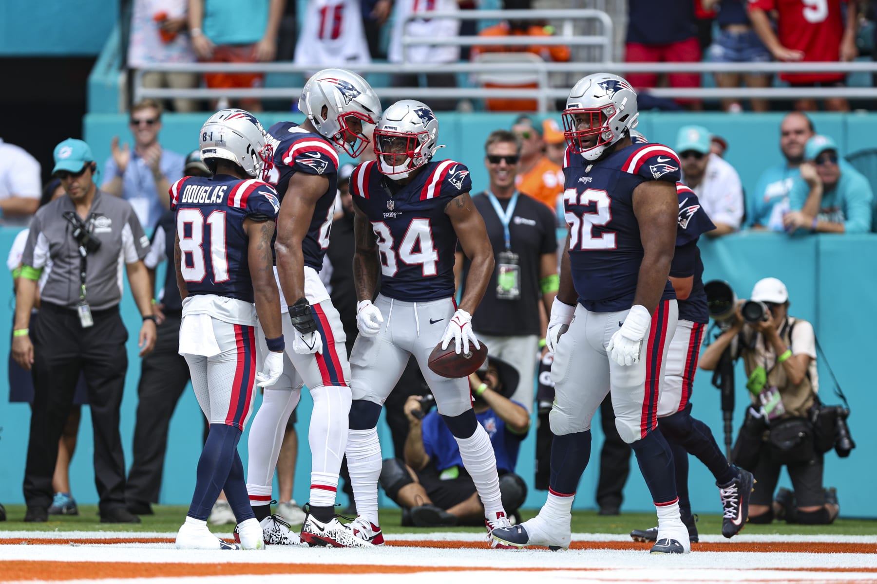MIAMI GARDENS, FL - OCTOBER 29: Kendrick Bourne #84 of the New England Patriots celebrates after scoring a touchdown during an NFL football game against the Miami Dolphins at Hard Rock Stadium on October 29, 2023 in Miami Gardens, Florida. (Photo by Perry Knotts/Getty Images)