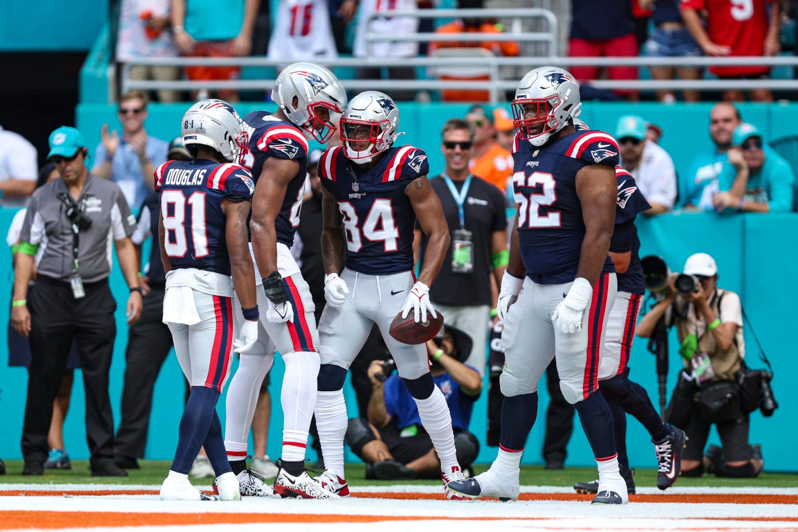 MIAMI GARDENS, FL - OCTOBER 29: Kendrick Bourne #84 of the New England Patriots celebrates after scoring a touchdown during an NFL football game against the Miami Dolphins at Hard Rock Stadium on October 29, 2023 in Miami Gardens, Florida. (Photo by Perry Knotts/Getty Images)