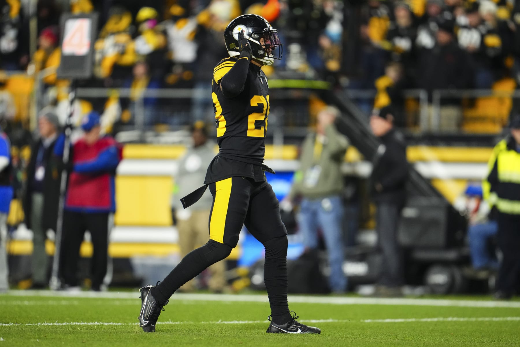 PITTSBURGH, PA - DECEMBER 07: Miles Killebrew #28 of the Pittsburgh Steelers celebrates during an NFL football game against the New England Patriots at Acrisure Stadium on December 7, 2023 in Pittsburgh, Pennsylvania. (Photo by Cooper Neill/Getty Images)