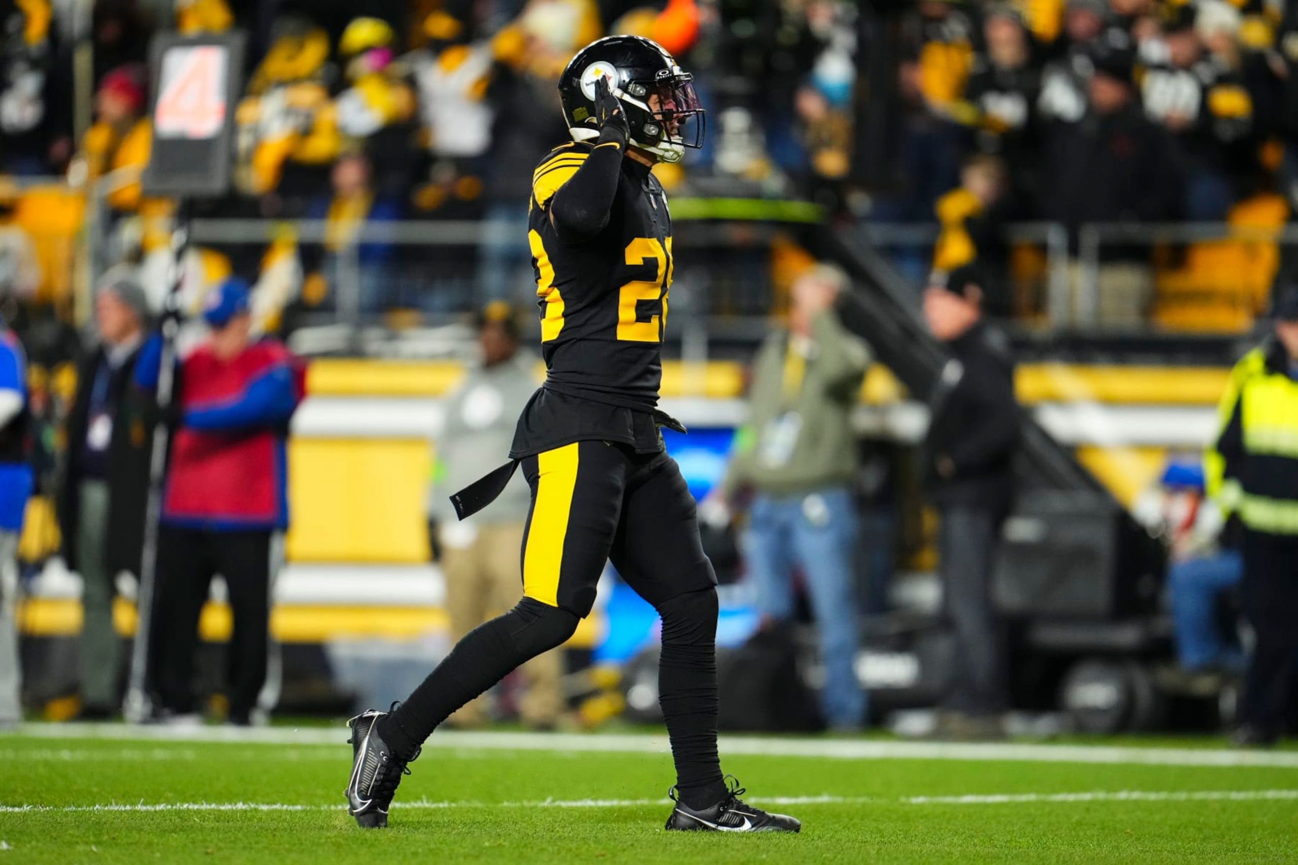 PITTSBURGH, PA - DECEMBER 07: Miles Killebrew #28 of the Pittsburgh Steelers celebrates during an NFL football game against the New England Patriots at Acrisure Stadium on December 7, 2023 in Pittsburgh, Pennsylvania. (Photo by Cooper Neill/Getty Images)