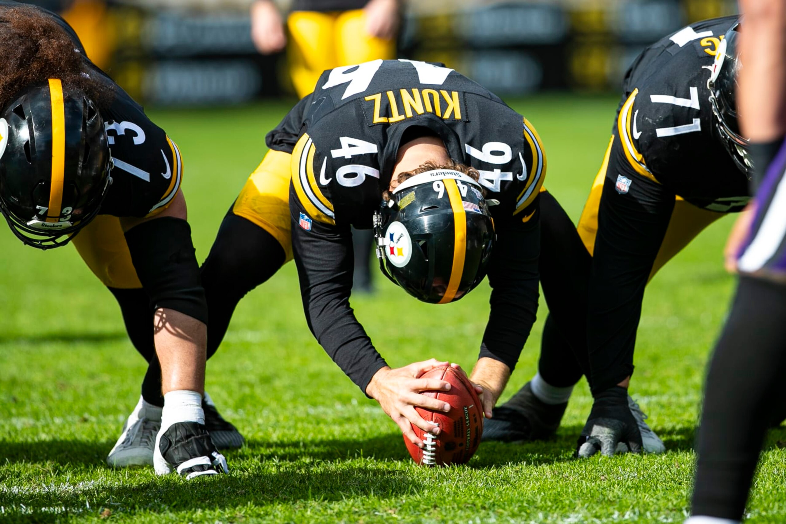 PITTSBURGH, PA - OCTOBER 08: Pittsburgh Steelers long snapper Christian Kuntz (46) looks on during the regular season NFL football game between the Baltimore Ravens and Pittsburgh Steelers on October 08, 2023 at Acrisure Stadium in Pittsburgh, PA. (Photo by Mark Alberti/Icon Sportswire via Getty Images)